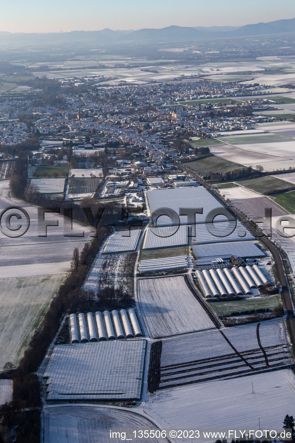 Vue aérienne de Serres et maisons en aluminium à l'est en hiver lorsqu'il y a de la neige à le quartier Herxheim in Herxheim bei Landau dans le département Rhénanie-Palatinat, Allemagne