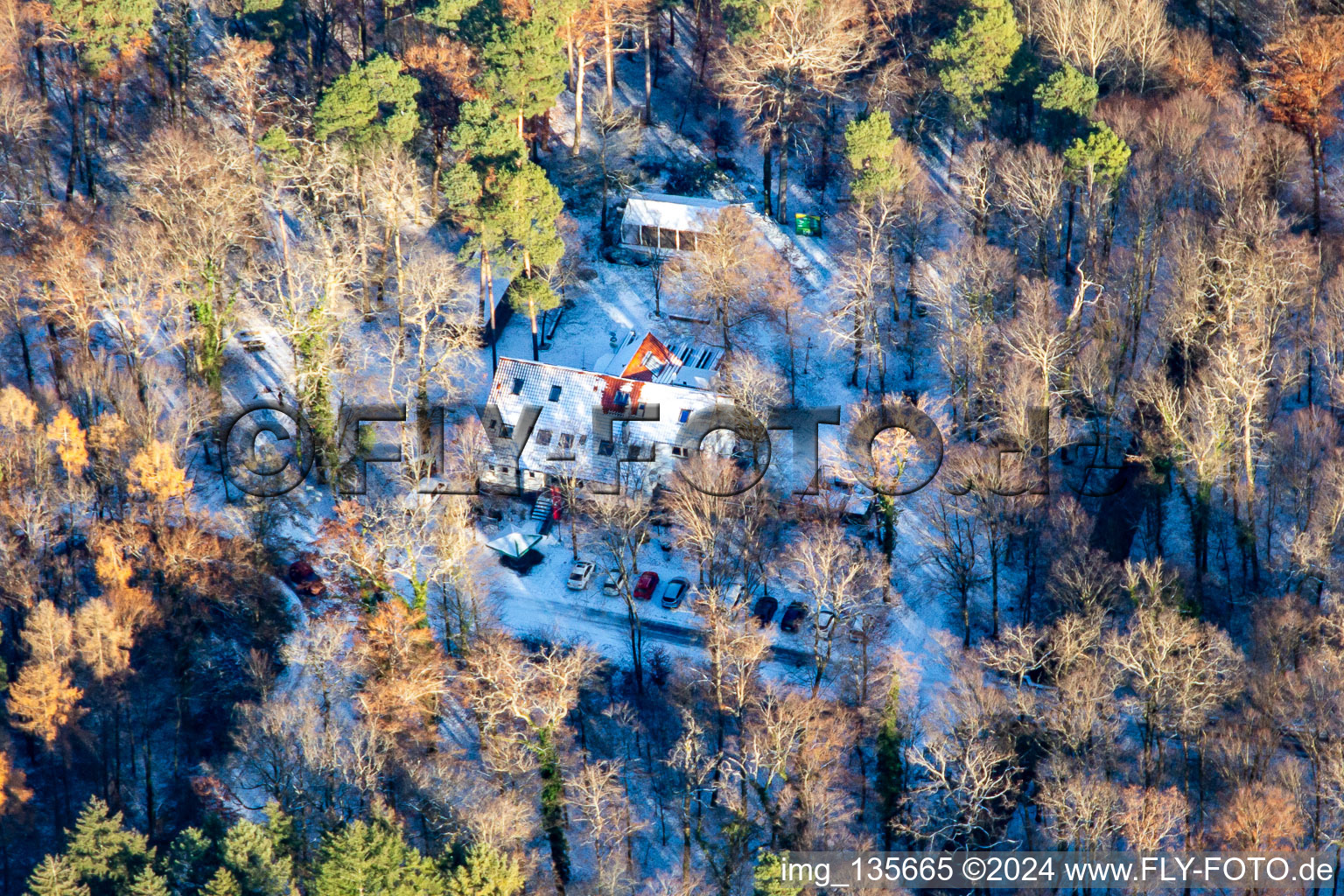 Vue aérienne de Naturfreundehaus Bienwald en hiver avec de la neige à Kandel dans le département Rhénanie-Palatinat, Allemagne