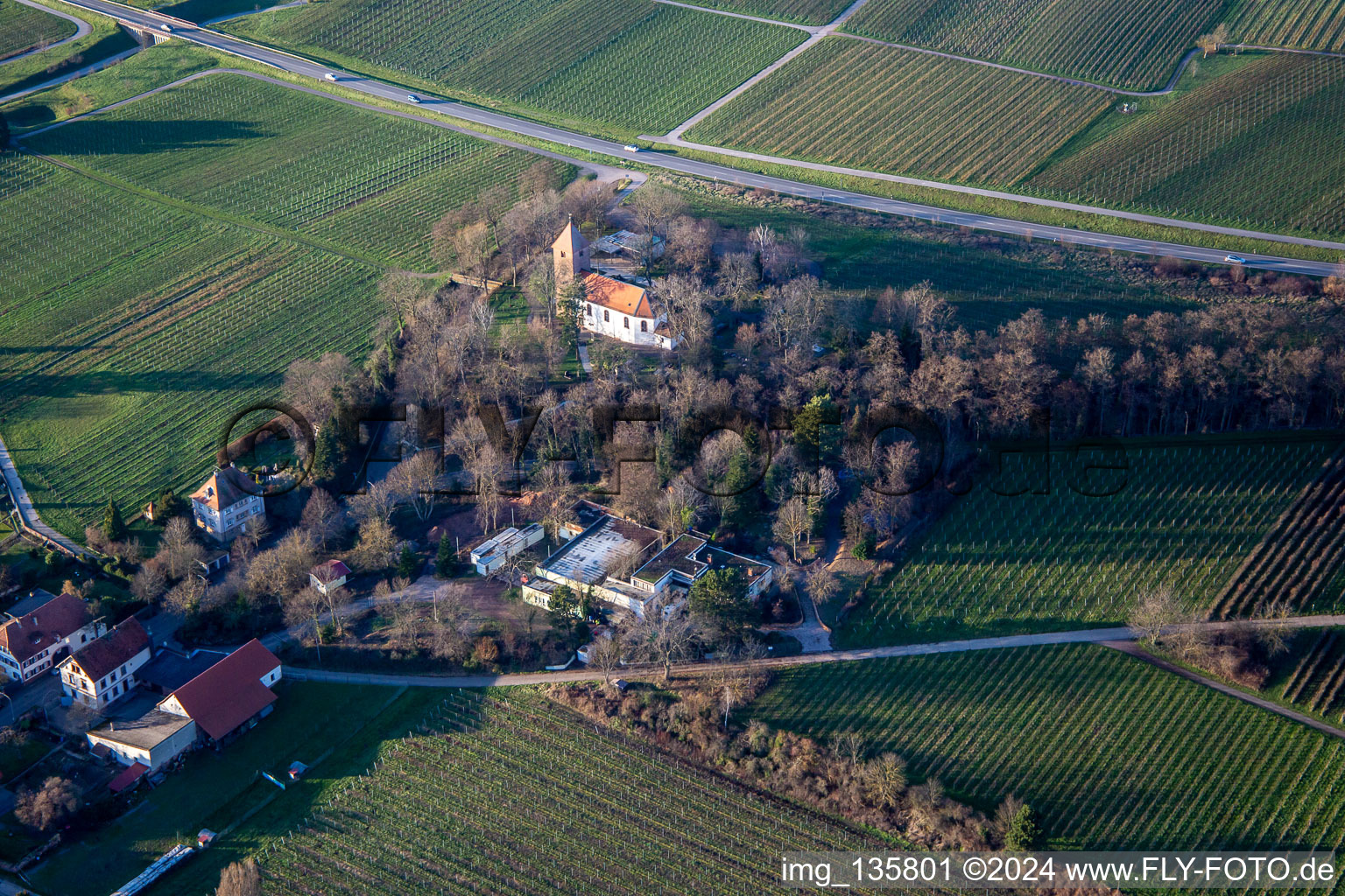 Vue aérienne de Église protestante Wollmesheim à le quartier Wollmesheim in Landau in der Pfalz dans le département Rhénanie-Palatinat, Allemagne