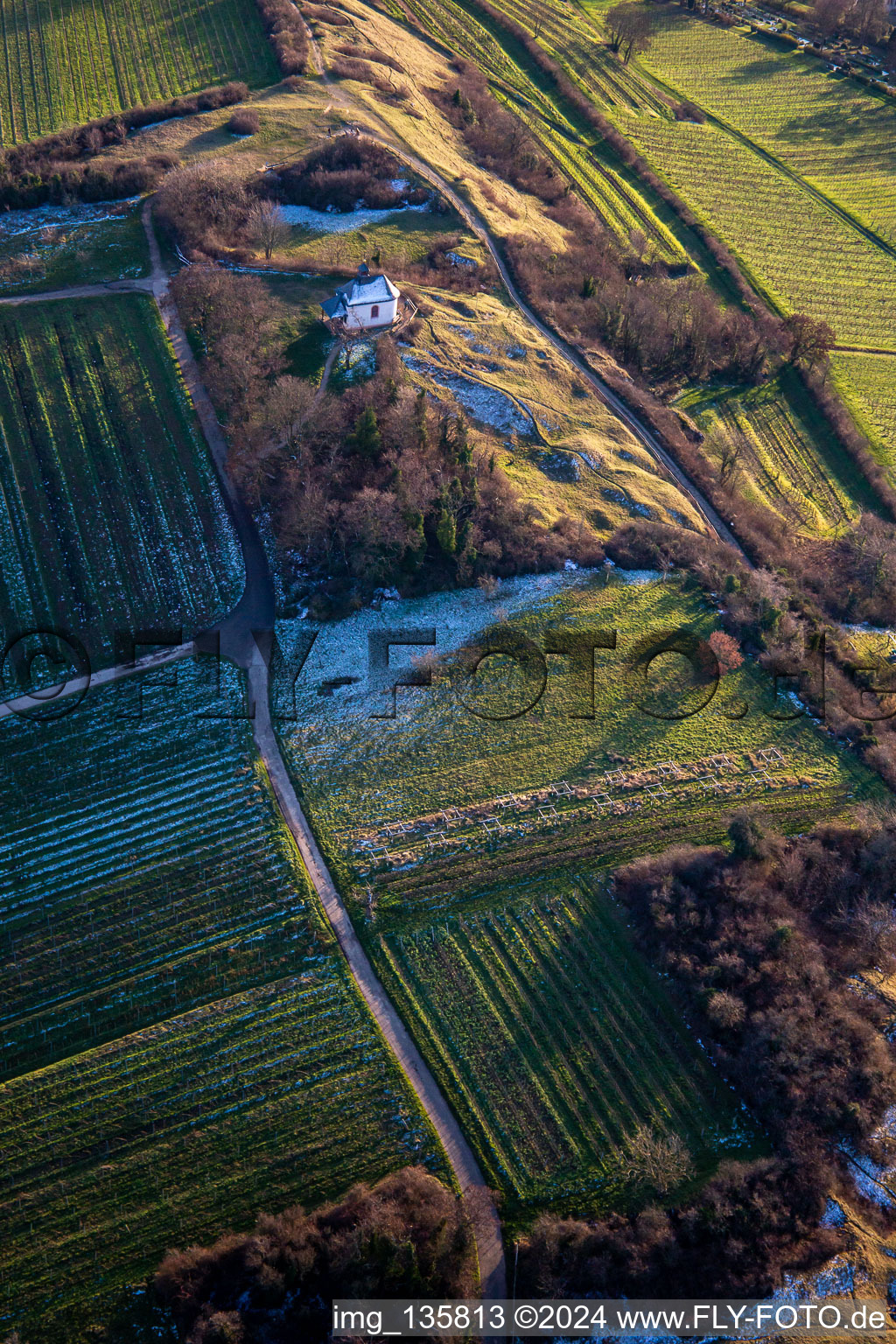 Vue aérienne de Chapelle « Kleine Kalmit » dans la réserve naturelle Kleine Kalmit à le quartier Ilbesheim in Ilbesheim bei Landau in der Pfalz dans le département Rhénanie-Palatinat, Allemagne