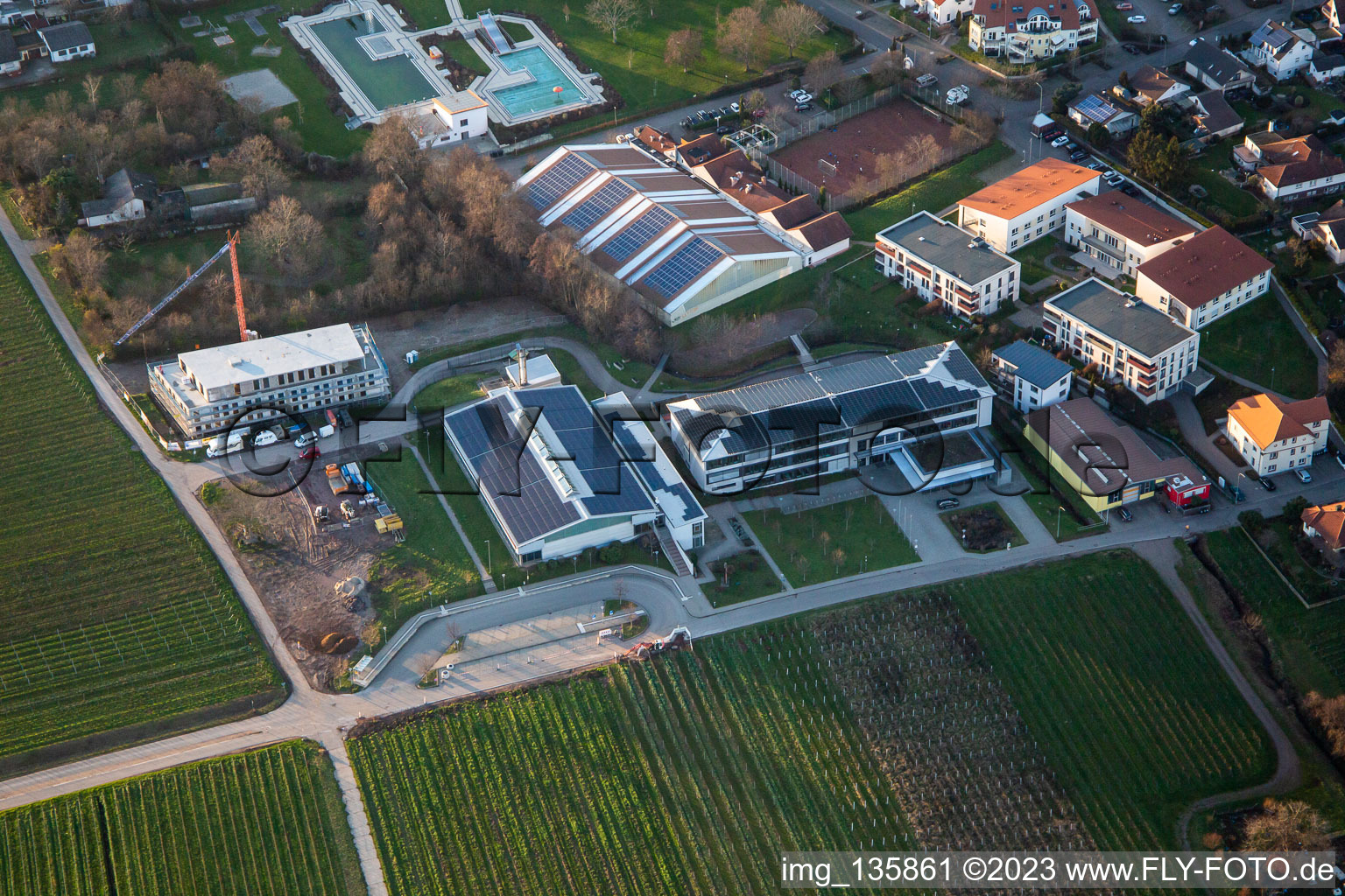 Vue aérienne de Gebrüder-Ullrich-Realschule plus devant la piscine extérieure/piscine de Kalmitbad à Maikammer dans le département Rhénanie-Palatinat, Allemagne