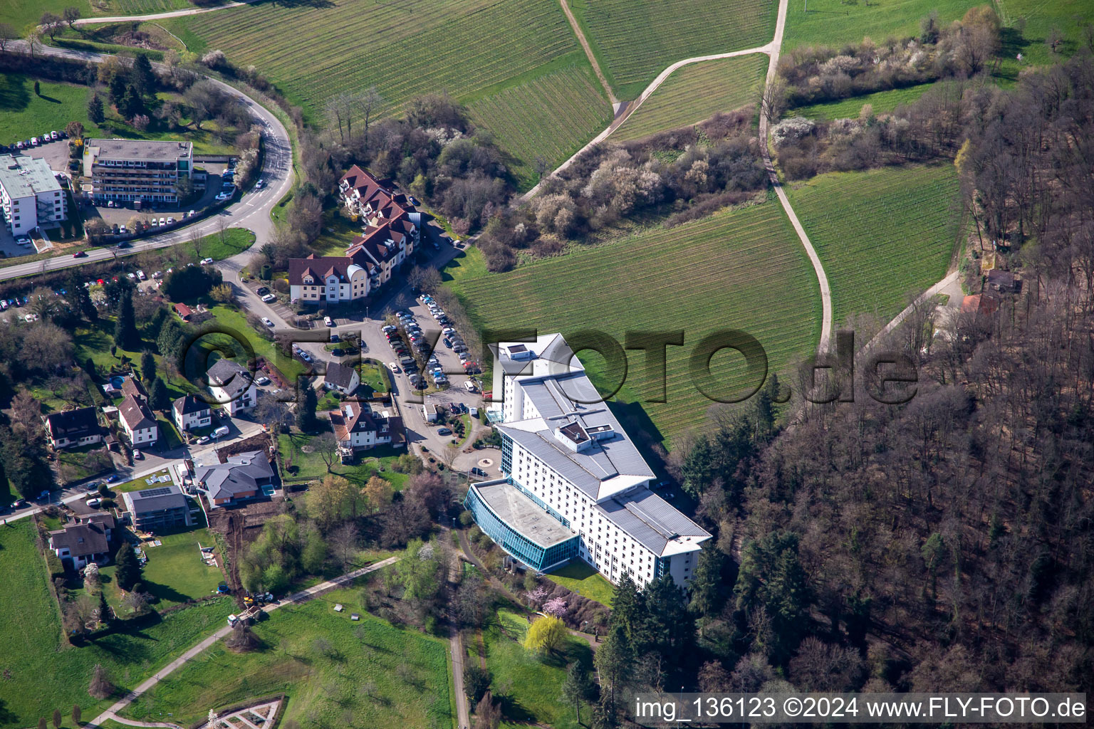 Vue aérienne de Jardin d'herbes aromatiques, parc thermal Bad Bergzabern en dessous de la clinique spécialisée Edith Stein, clinique de neurologie à Bad Bergzabern dans le département Rhénanie-Palatinat, Allemagne