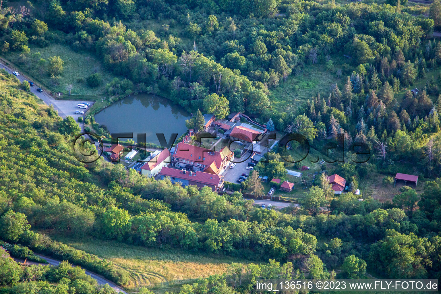 Vue aérienne de Restaurant historique et maison d'hôtes Restaurant de spécialités de poisson Bückemühle à le quartier Gernrode in Quedlinburg dans le département Saxe-Anhalt, Allemagne