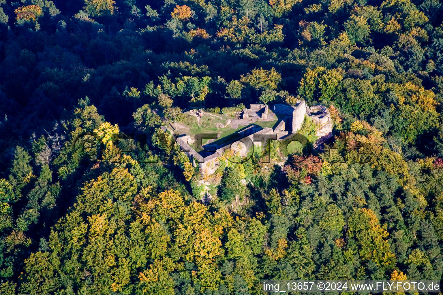 Photographie aérienne de Ruines et vestiges du mur de l'ancien complexe du château de Lindelbrunn à Vorderweidenthal dans le département Rhénanie-Palatinat, Allemagne