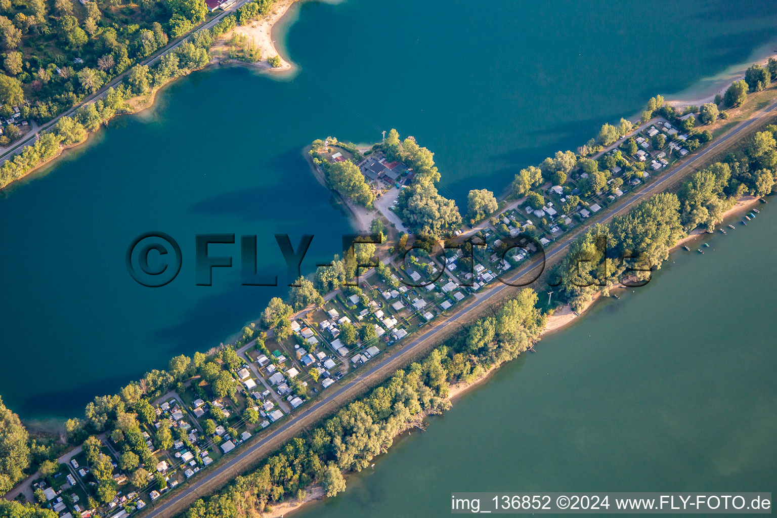 Vue aérienne de Emplacements de camping dans la Rheinauenstrasse entre Waldsee et Otterstädter Altrhein à Waldsee dans le département Rhénanie-Palatinat, Allemagne