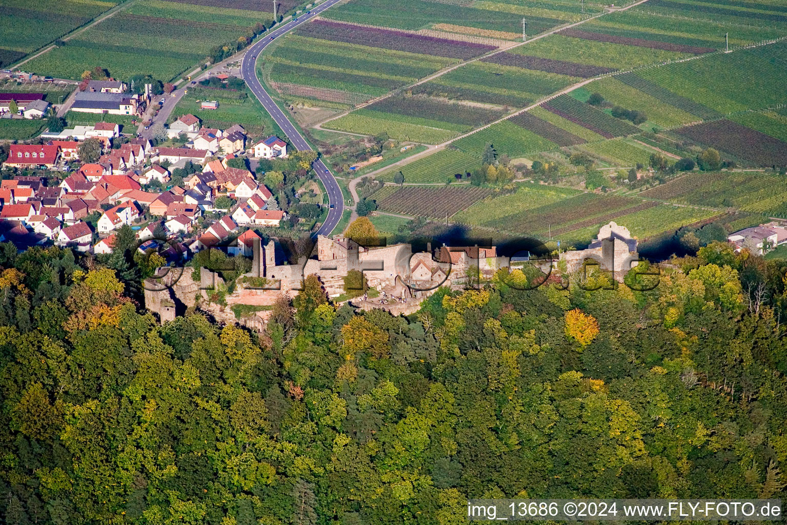 Vue aérienne de Ruines du château de Madenbourg à Eschbach dans le département Rhénanie-Palatinat, Allemagne