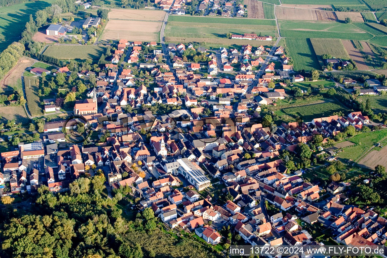 Vue aérienne de Vue des rues et des maisons des quartiers résidentiels à le quartier Ingenheim in Billigheim-Ingenheim dans le département Rhénanie-Palatinat, Allemagne