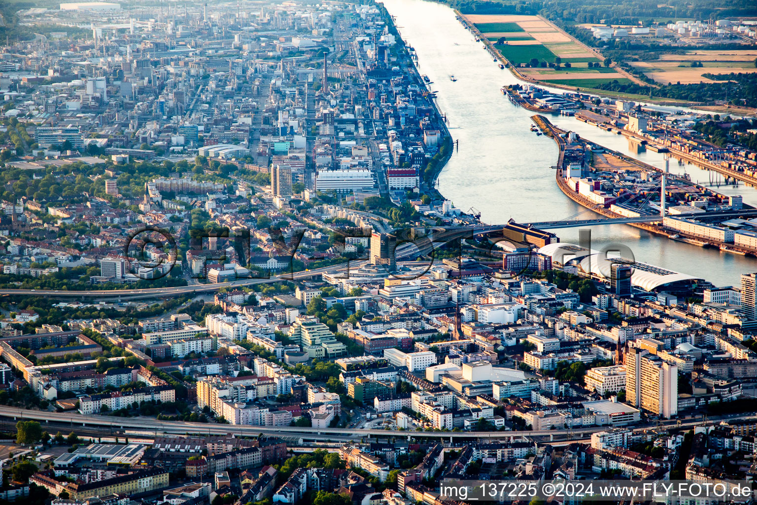 Vue aérienne de Route surélevée B44 menant au pont Theodor Heuss à le quartier Mitte in Ludwigshafen am Rhein dans le département Rhénanie-Palatinat, Allemagne