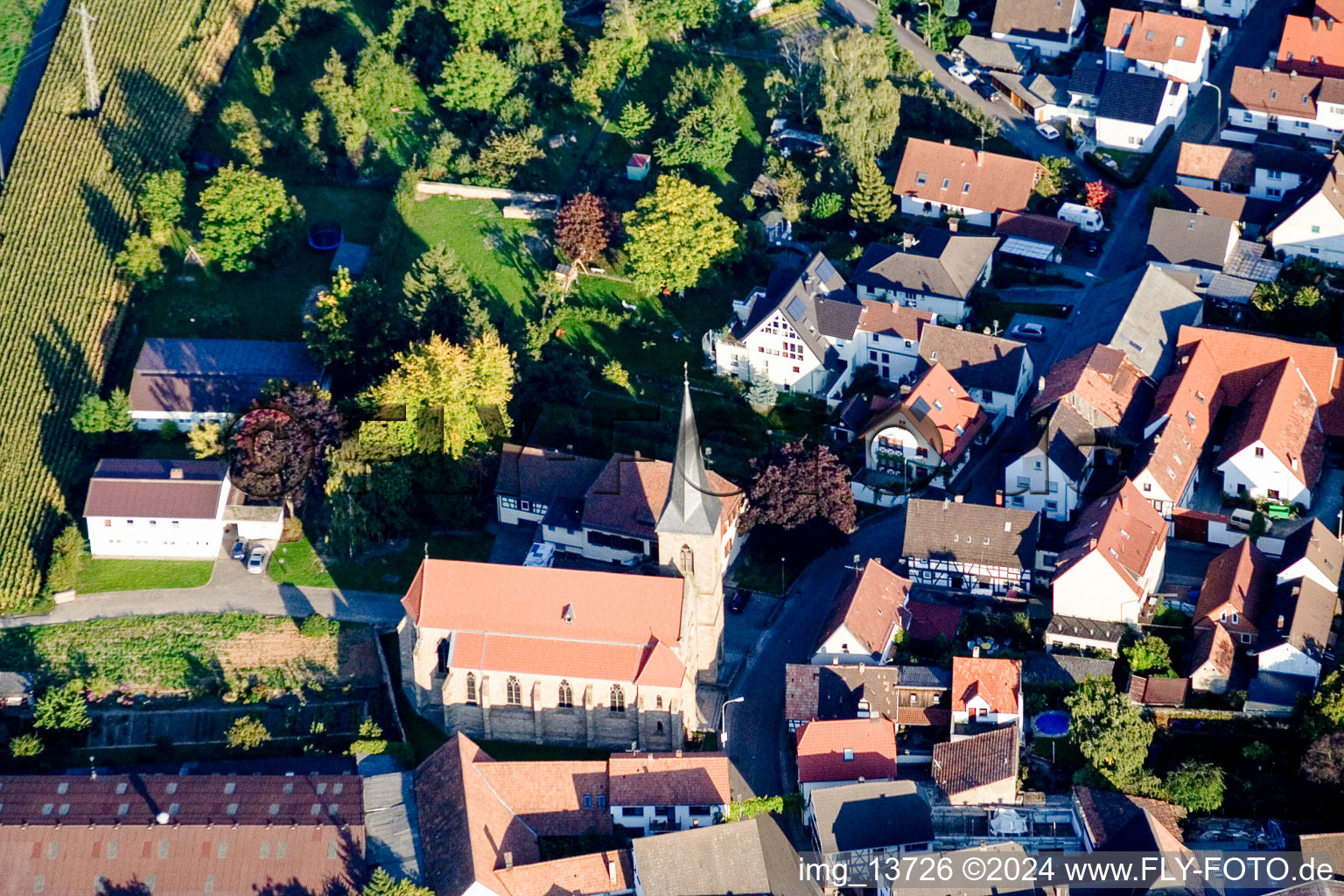 Vue aérienne de Bâtiment d'église au centre du village à le quartier Ingenheim in Billigheim-Ingenheim dans le département Rhénanie-Palatinat, Allemagne