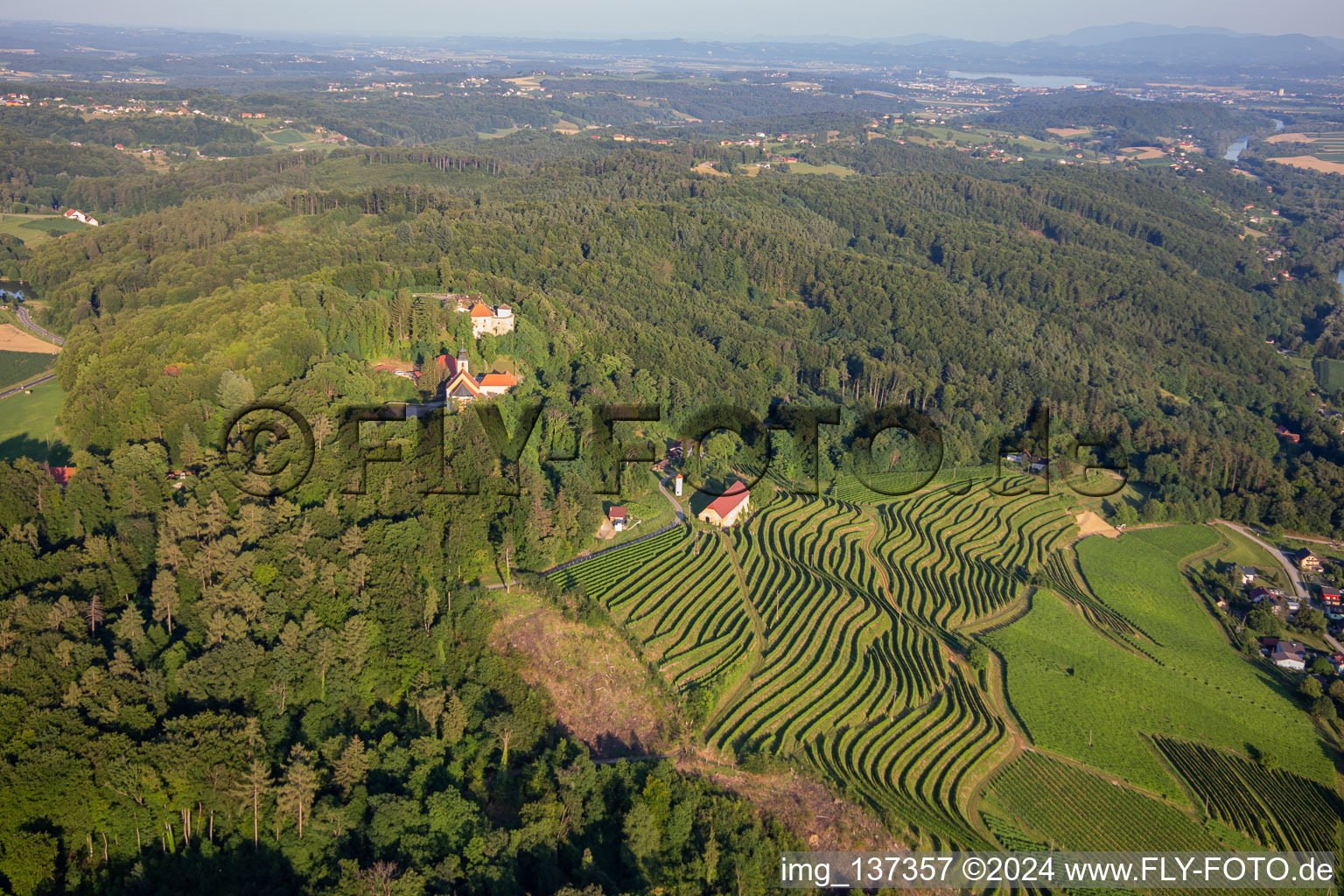 Vue aérienne de Église de Župnijska cerkev sv. Marije Vnebovzete et Café Huda Liza au-dessus des vignobles du Vurberg à Duplek dans le département Slovénie, Slovénie