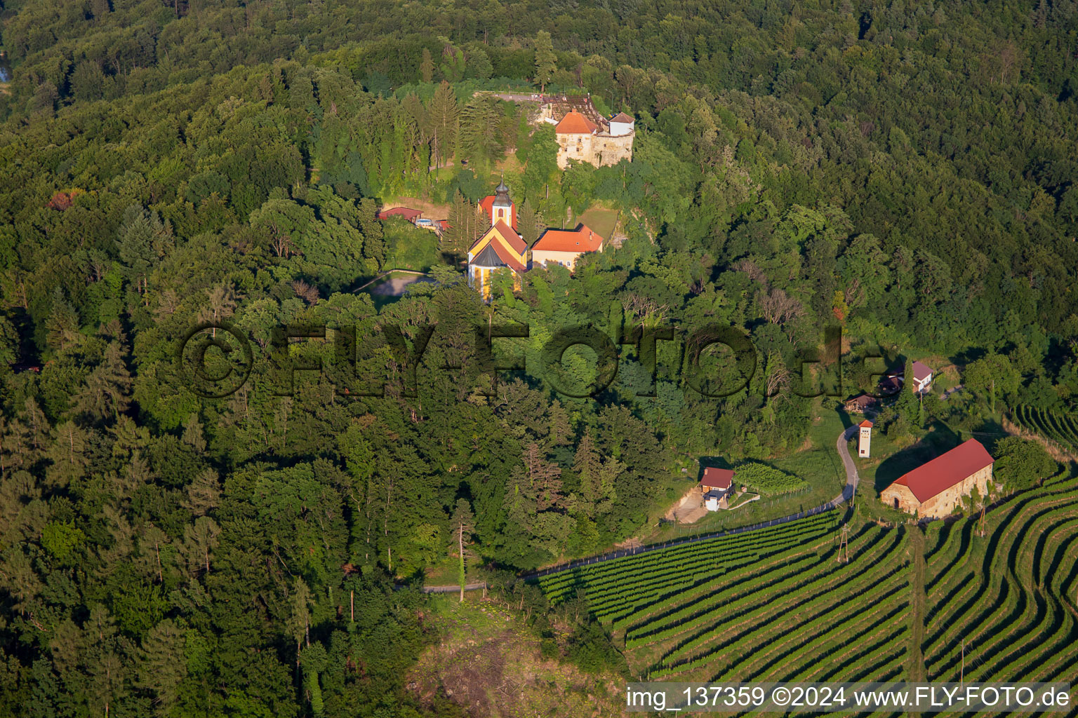 Photographie aérienne de Église de Župnijska cerkev sv. Marije Vnebovzete et Café Huda Liza au-dessus des vignobles du Vurberg à Duplek dans le département Slovénie, Slovénie