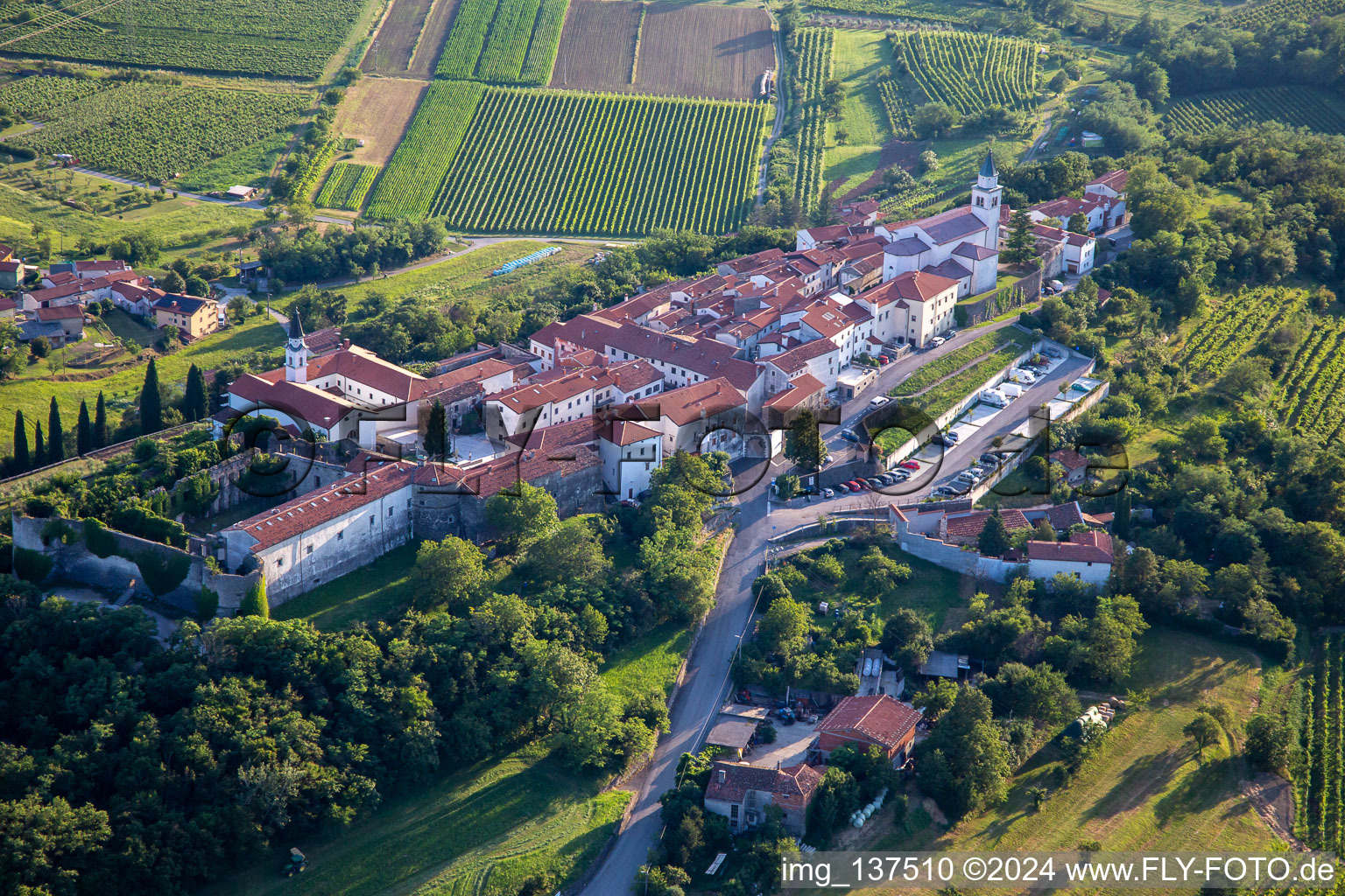 Vue aérienne de Château Sainte-Croix / Grad Vipavski Križ à Ajdovščina dans le département Slovénie, Slovénie