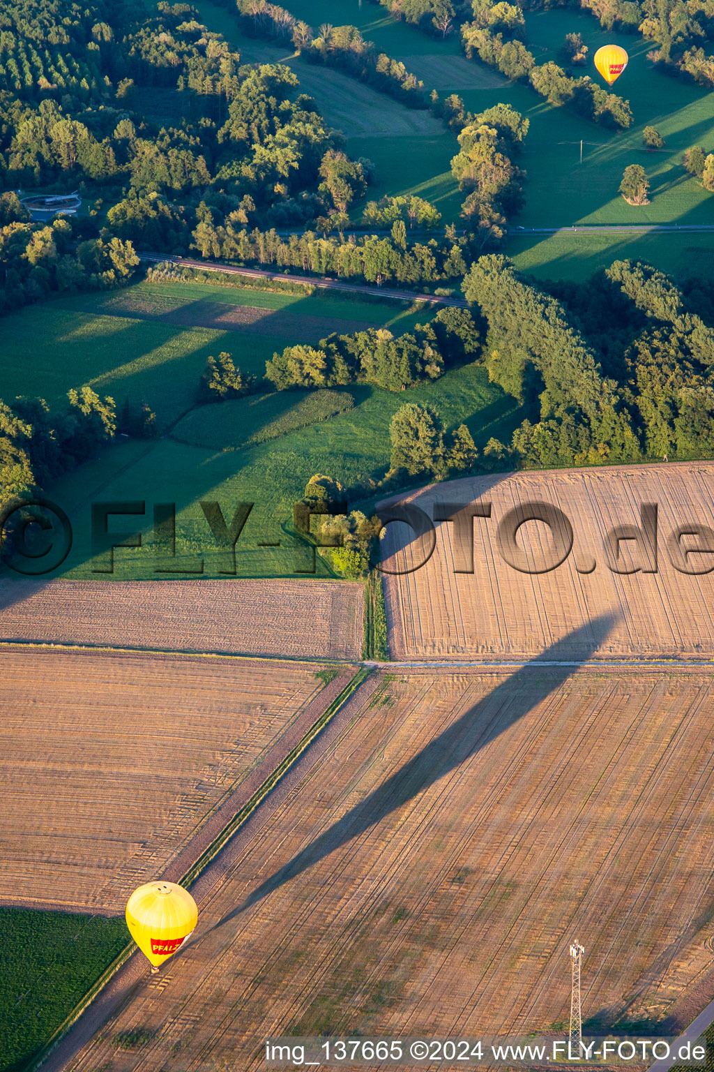 Vue aérienne de Les montgolfières de PfalzGas ont atterri à Billigheim-Ingenheim dans le département Rhénanie-Palatinat, Allemagne