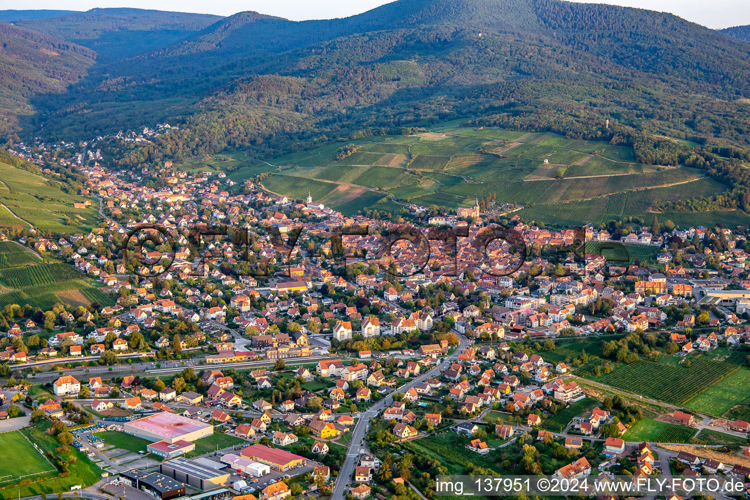 Vue aérienne de Gare depuis l'est à Barr dans le département Bas Rhin, France