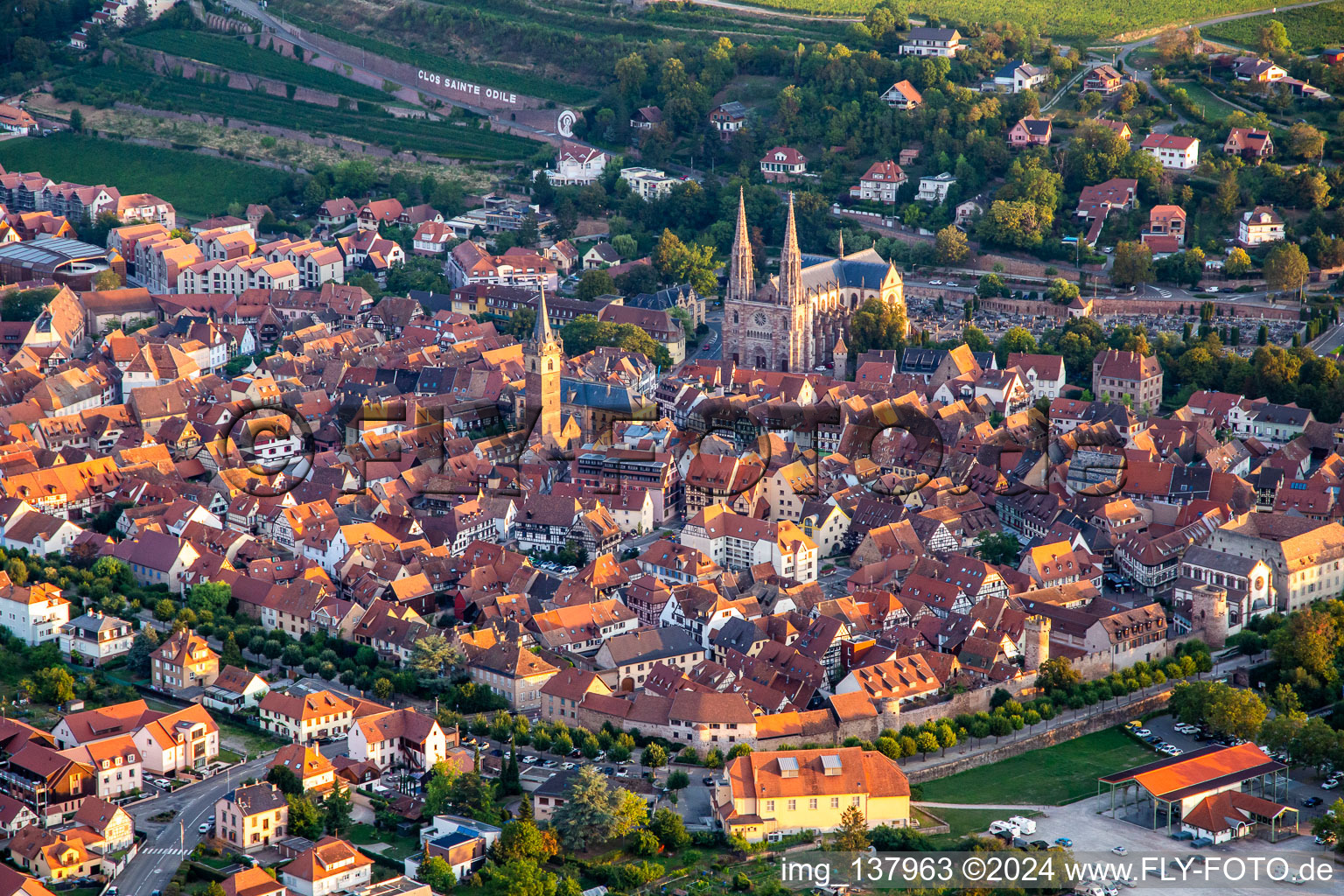 Vue aérienne de Vieille ville à Obernai dans le département Bas Rhin, France