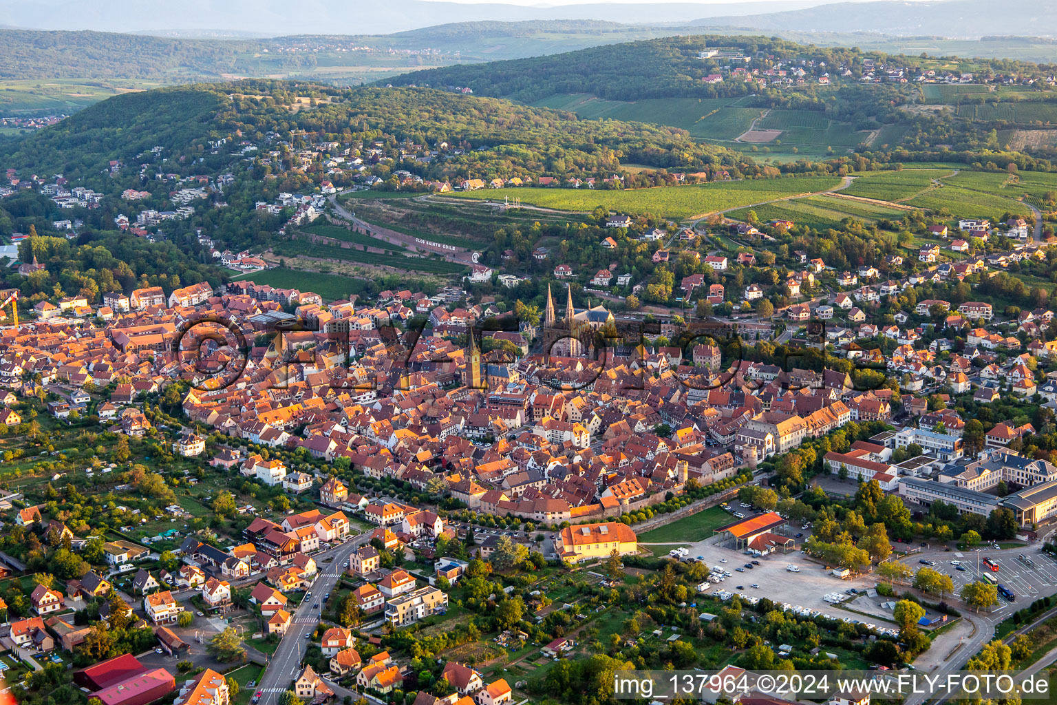 Vue aérienne de Du sud-est à Obernai dans le département Bas Rhin, France