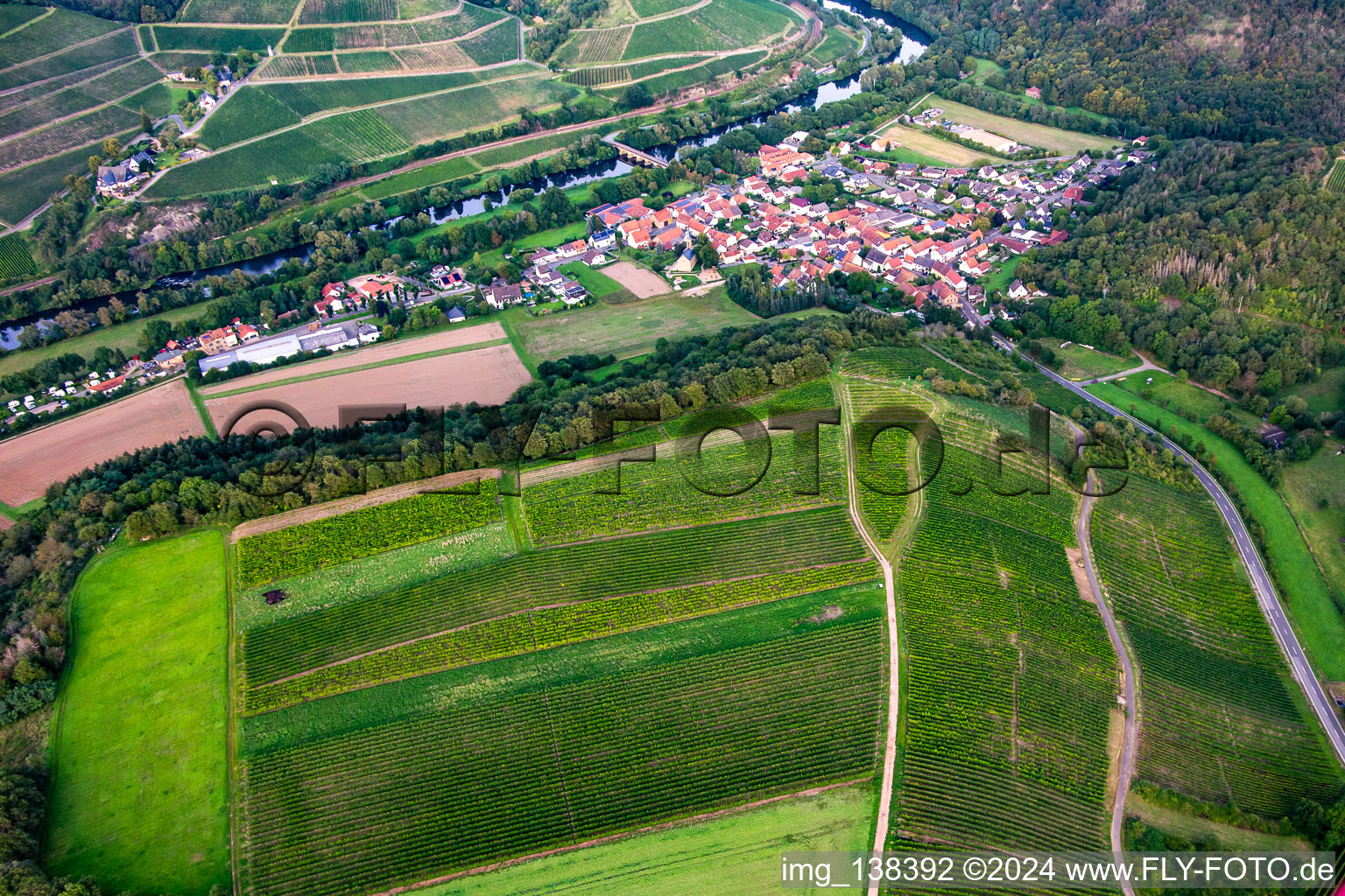 Vue aérienne de Vignobles sur le Gangelsberg à le quartier Oberhausen in Oberhausen an der Nahe dans le département Rhénanie-Palatinat, Allemagne