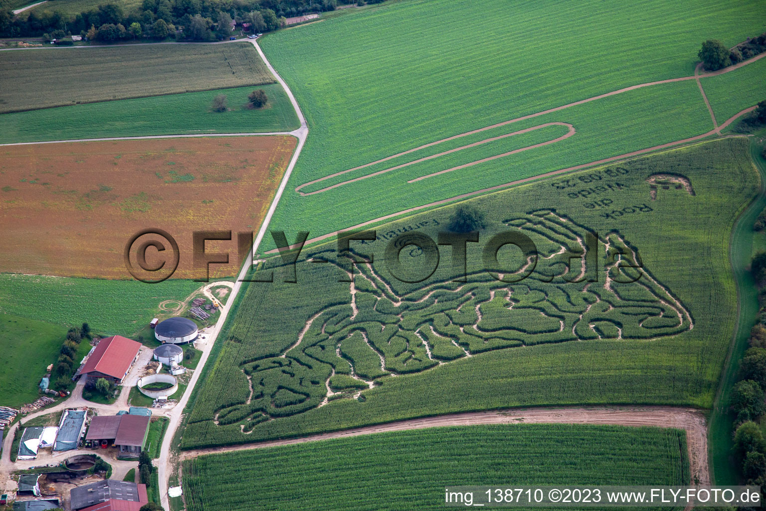 Vue aérienne de Labyrinthe de maïs à la ferme laitière Lämmle-Hofmann à le quartier Flehingen in Oberderdingen dans le département Bade-Wurtemberg, Allemagne