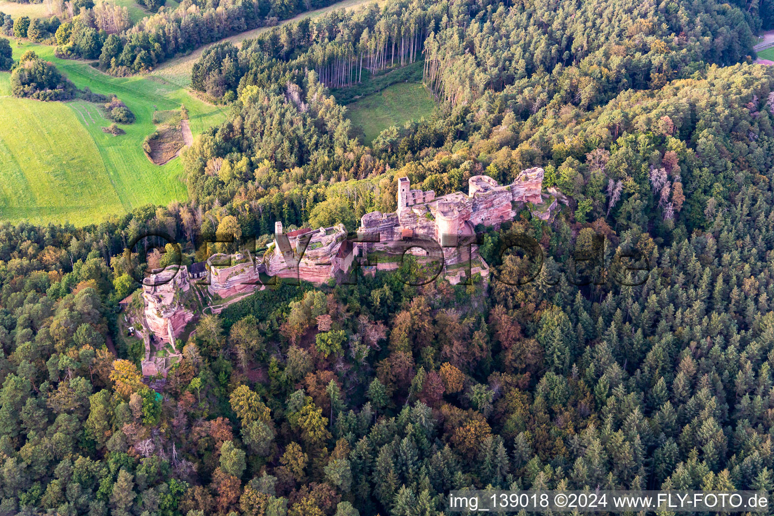 Vue oblique de Massif du château d'Altdahn avec les ruines des châteaux de Grafendahn et Tanstein à Dahn dans le département Rhénanie-Palatinat, Allemagne