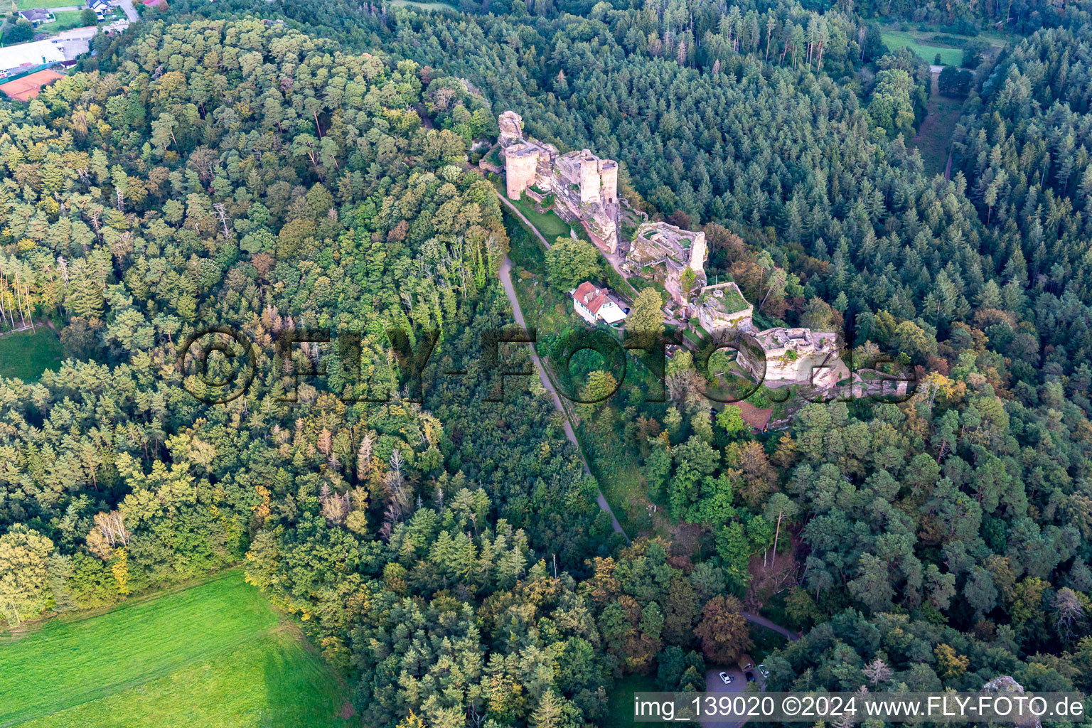 Massif du château d'Altdahn avec les ruines des châteaux de Grafendahn et Tanstein à Dahn dans le département Rhénanie-Palatinat, Allemagne d'en haut