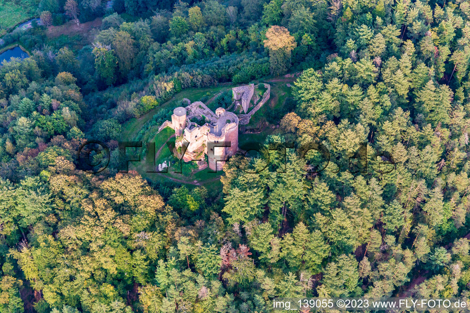 Ruines du château de Neudahn au-dessus du camping Neudahner Weiher à Dahn dans le département Rhénanie-Palatinat, Allemagne hors des airs