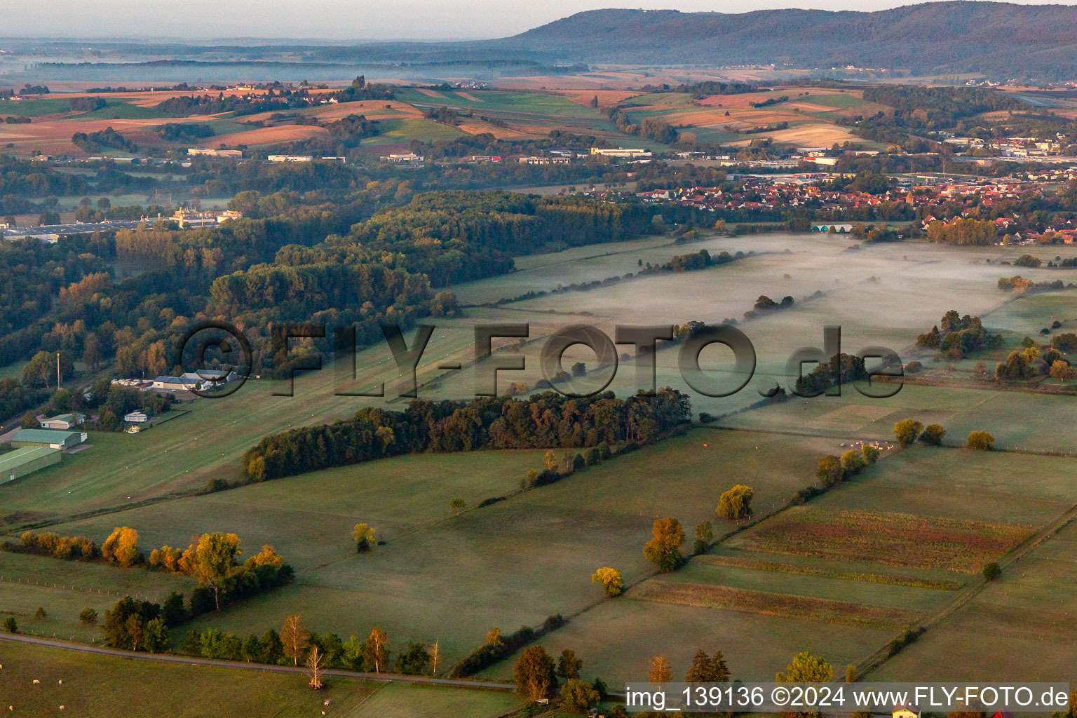 Vue aérienne de Aérodrome dans la brume matinale à Schweighofen dans le département Rhénanie-Palatinat, Allemagne