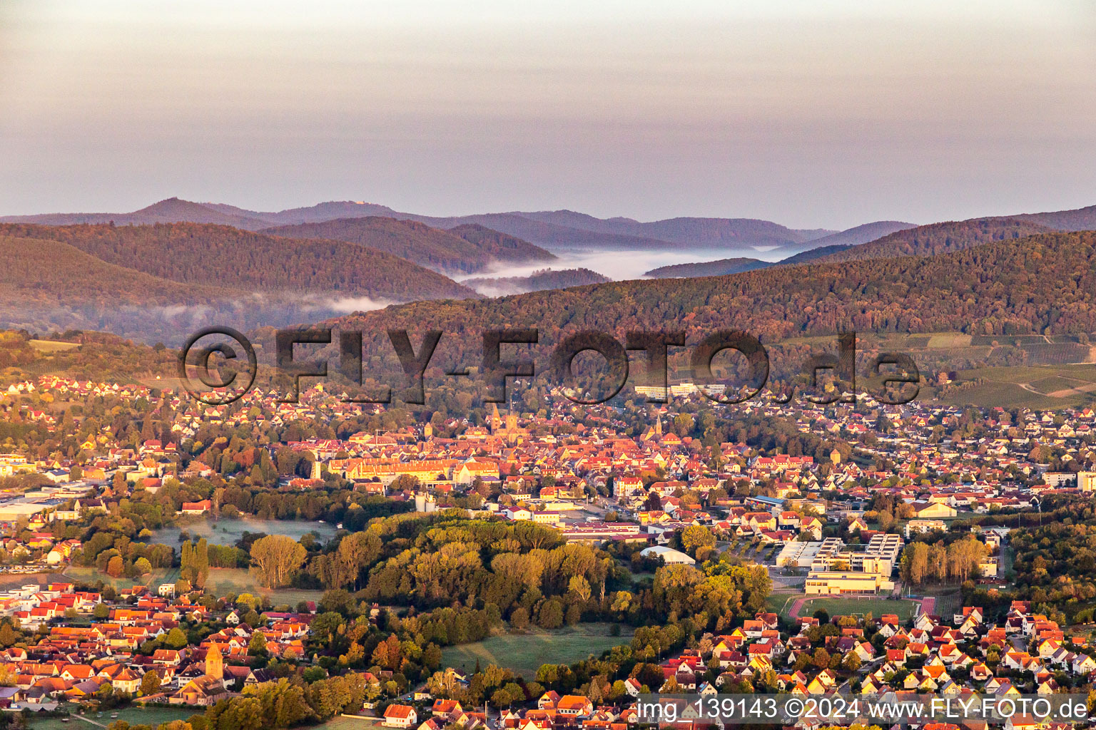 Vue aérienne de Wieslautertal dans le brouillard matinal derrière Wissembourg à le quartier Altenstadt in Wissembourg dans le département Bas Rhin, France