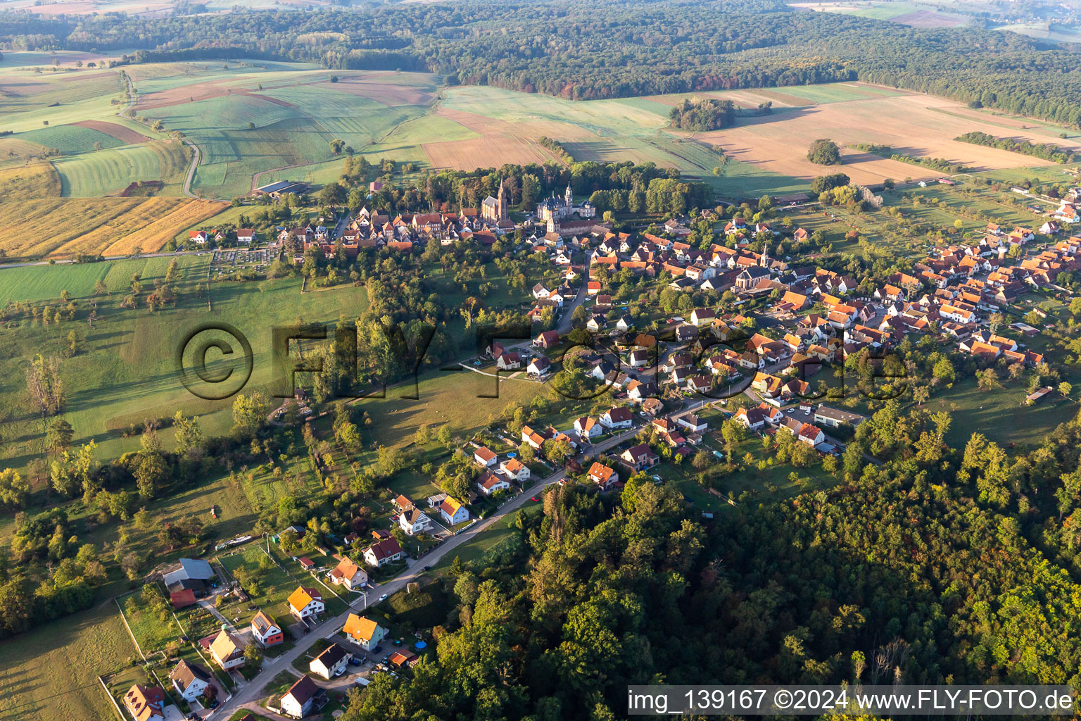 Vue aérienne de Du nord à Frœschwiller dans le département Bas Rhin, France