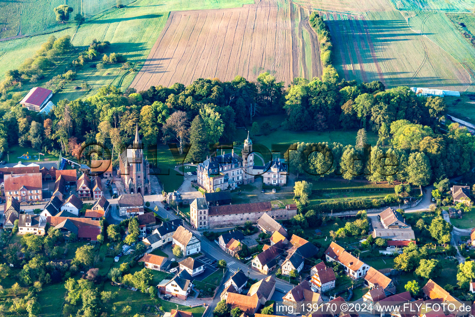 Vue aérienne de Château de Frœschwiller à Frœschwiller dans le département Bas Rhin, France