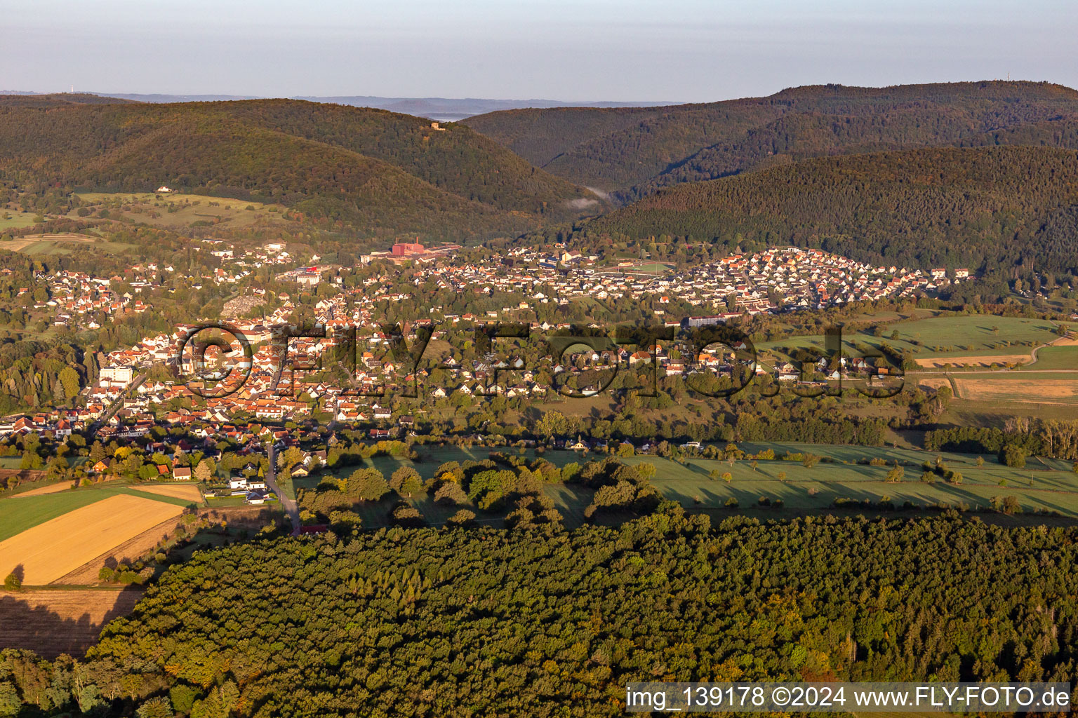 Vue aérienne de De l'est à Niederbronn-les-Bains dans le département Bas Rhin, France