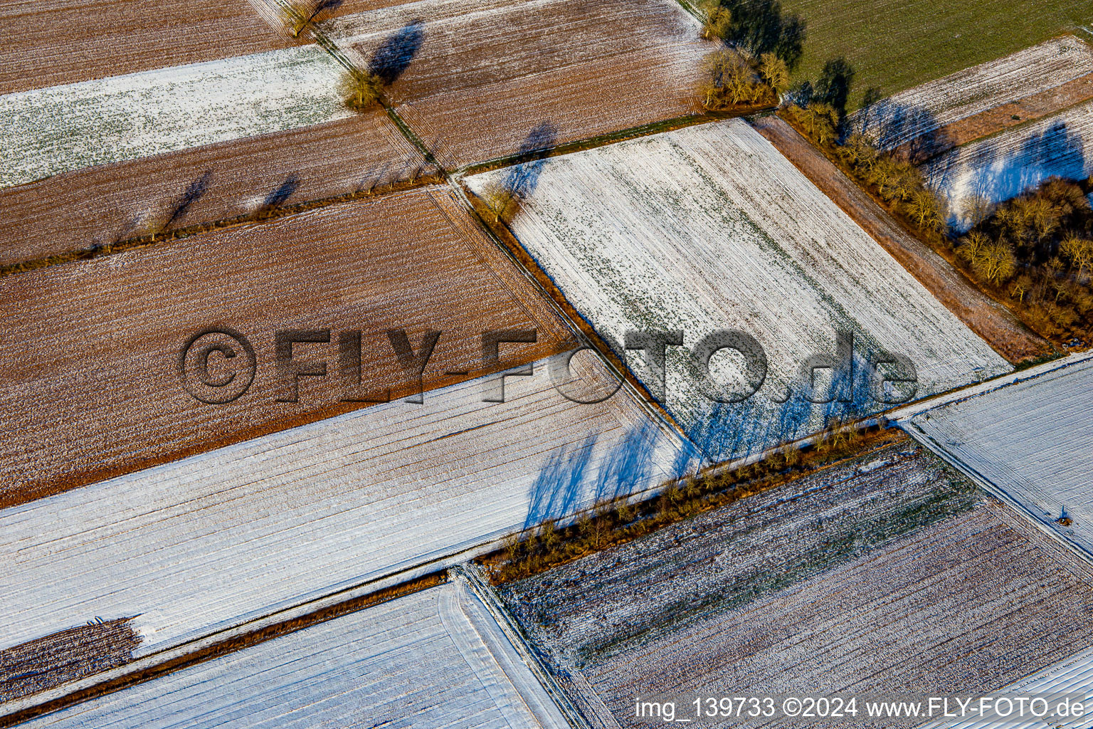 Vue aérienne de Structures de terrain et ombres en hiver lorsqu'il y a de la neige à Schweighofen dans le département Rhénanie-Palatinat, Allemagne