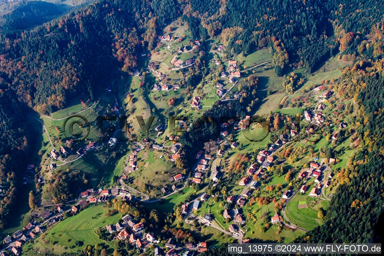 Vue aérienne de Zinken Büchelbach" de la commune 77830 Bühlertal avec la Büchelbachstrasse (en bas à gauche), la Feldbergstrasse, la Schoferstrasse, l'Edwin-Stolz-Weg et la Hansjakobweg (dans le sens des aiguilles d'une montre) à le quartier Hof in Bühlertal dans le département Bade-Wurtemberg, Allemagne