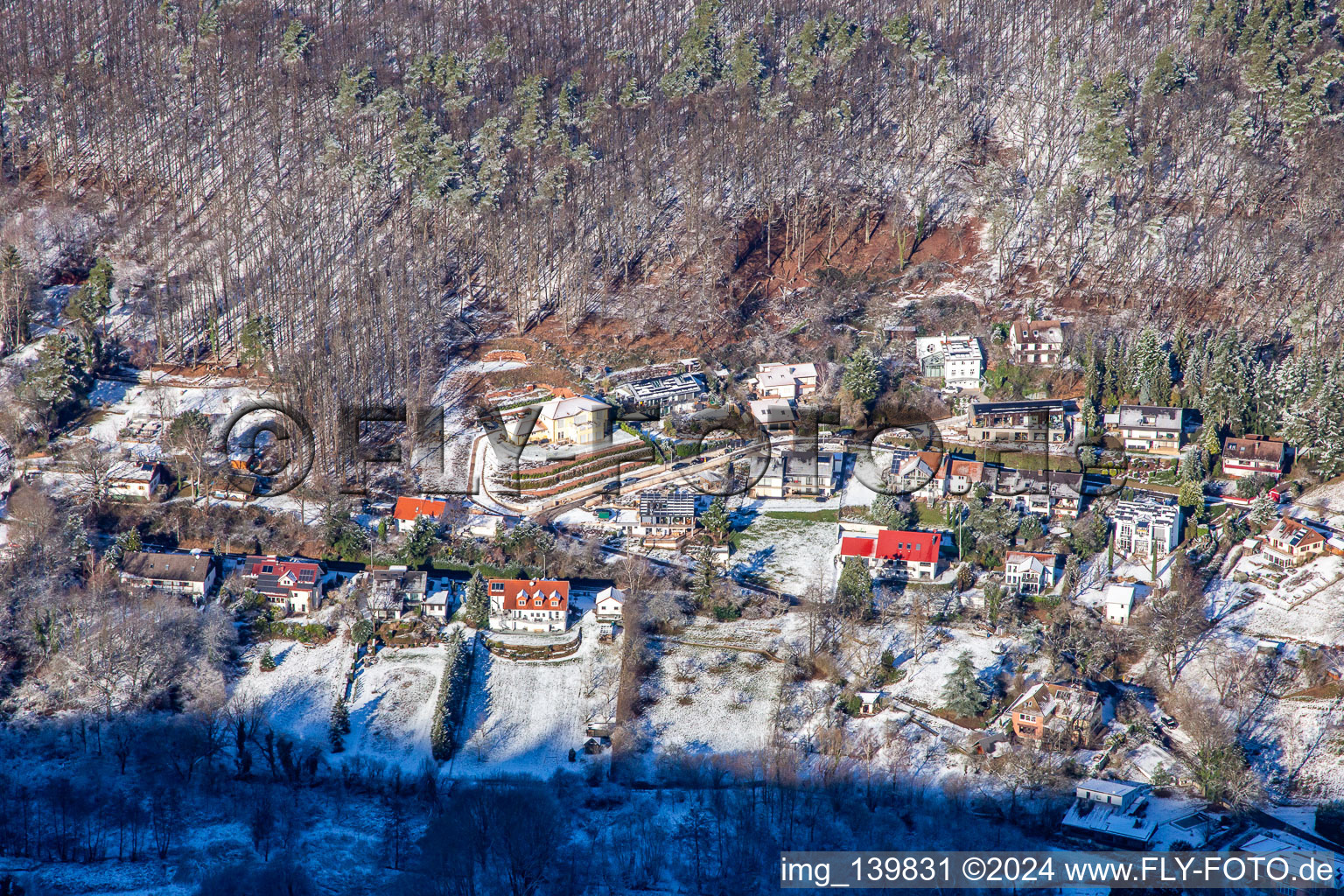 Vue aérienne de Slevogtstrasse en hiver avec de la neige à Leinsweiler dans le département Rhénanie-Palatinat, Allemagne