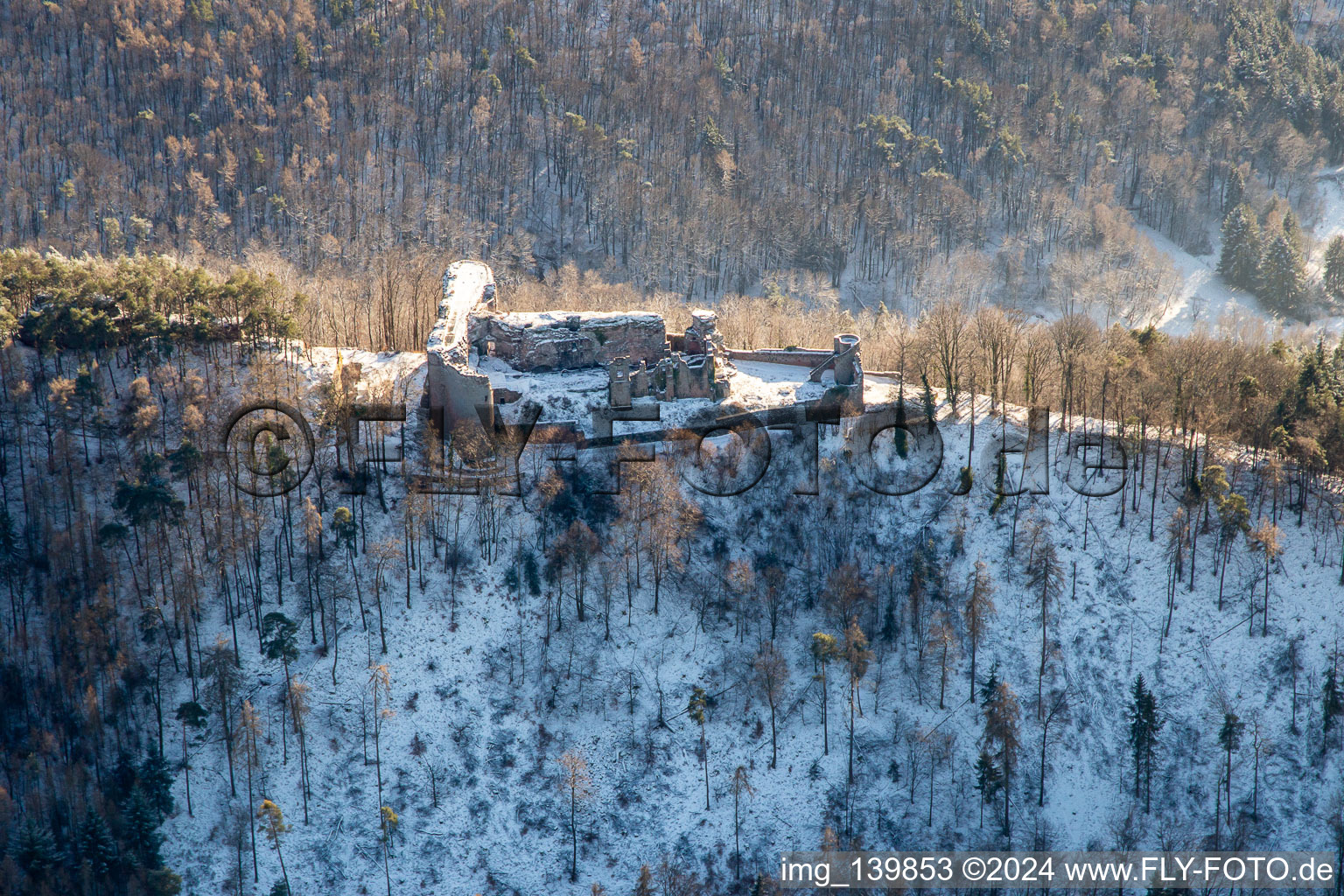 Vue aérienne de Ruines du château de Neuscharfeneck du nord en hiver avec de la neige à Flemlingen dans le département Rhénanie-Palatinat, Allemagne