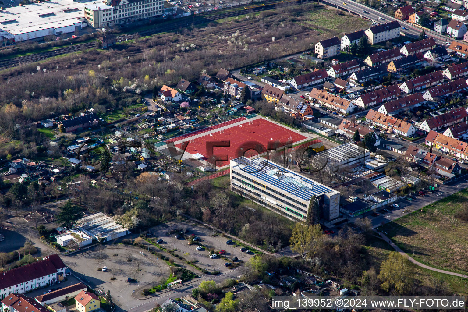 Vue aérienne de Eduard-Spranger-Gymnasium et nouveaux terrains de sport à le quartier Queichheim in Landau in der Pfalz dans le département Rhénanie-Palatinat, Allemagne