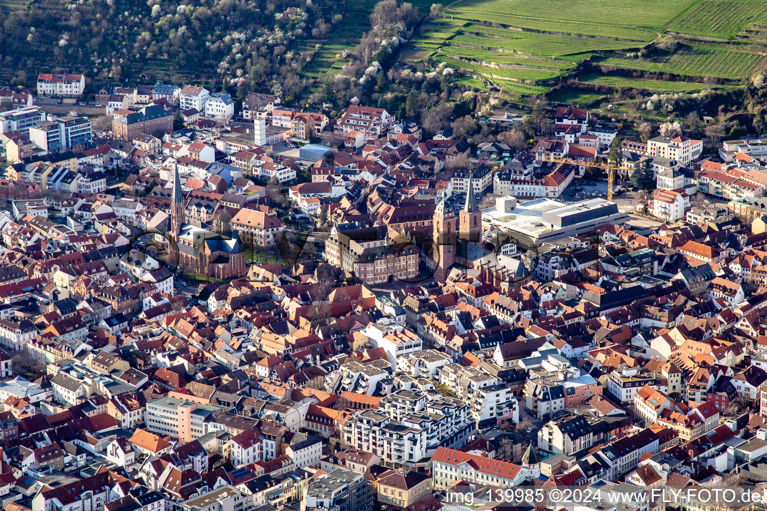 Vue aérienne de St. Marien, place du marché et collégiale à Neustadt an der Weinstraße dans le département Rhénanie-Palatinat, Allemagne