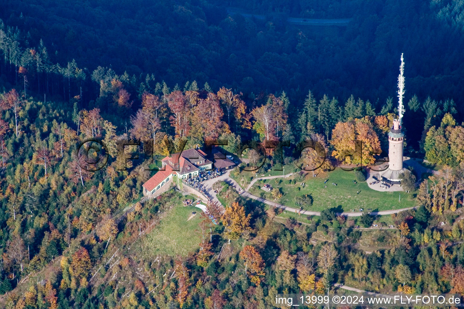 Vue aérienne de Structure de la tour d'observation Merkurturm à le quartier Ebersteinburg in Baden-Baden dans le département Bade-Wurtemberg, Allemagne