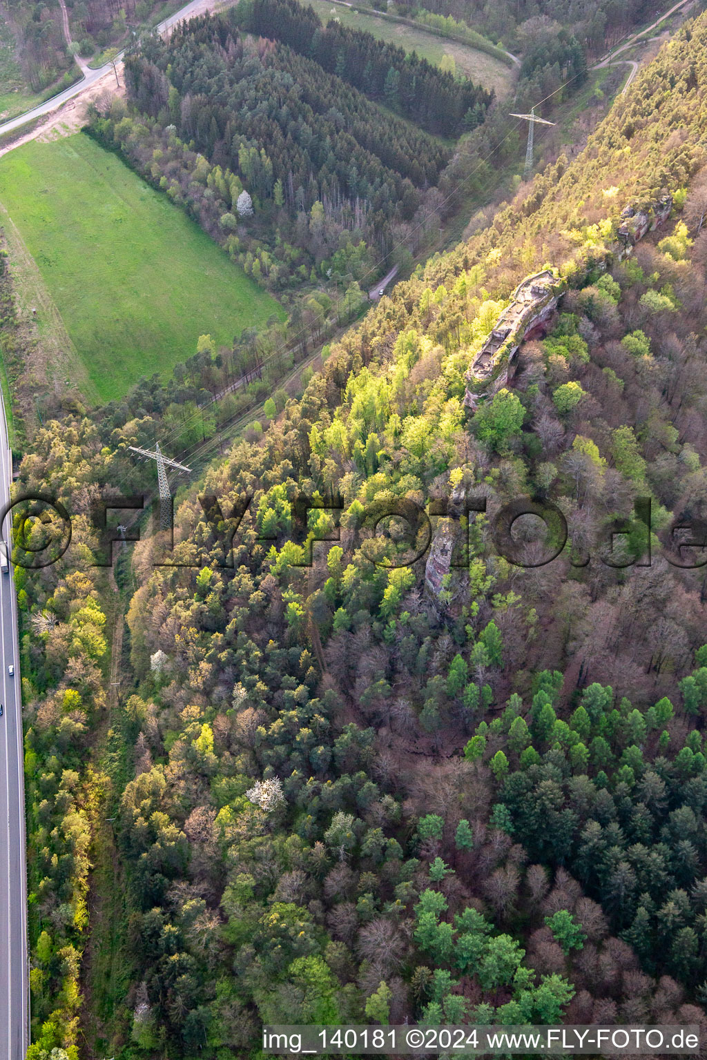 Vue aérienne de Ruines du château de Falkenburg à Wilgartswiesen dans le département Rhénanie-Palatinat, Allemagne