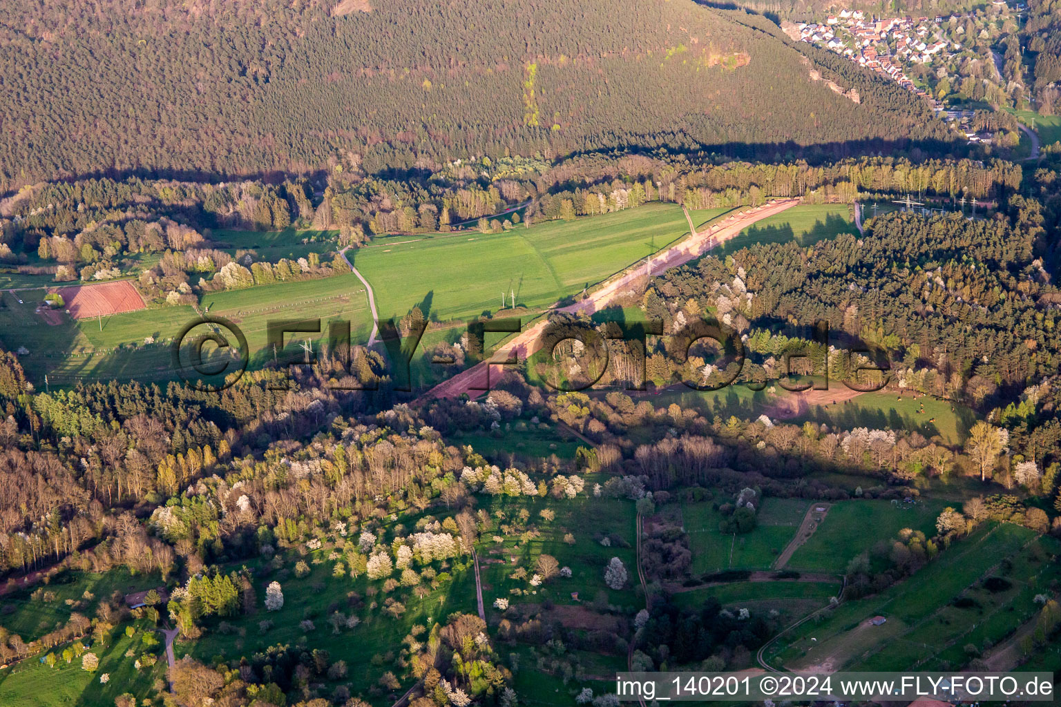 Vue aérienne de Chemin à travers la forêt du Palatinat pour reconstruire le tronçon de 51 km du gazoduc transeuropéen (TENP-III des Pays-Bas à la Suisse) entre Mittelbrunn et Klingenmünster à Spirkelbach dans le département Rhénanie-Palatinat, Allemagne