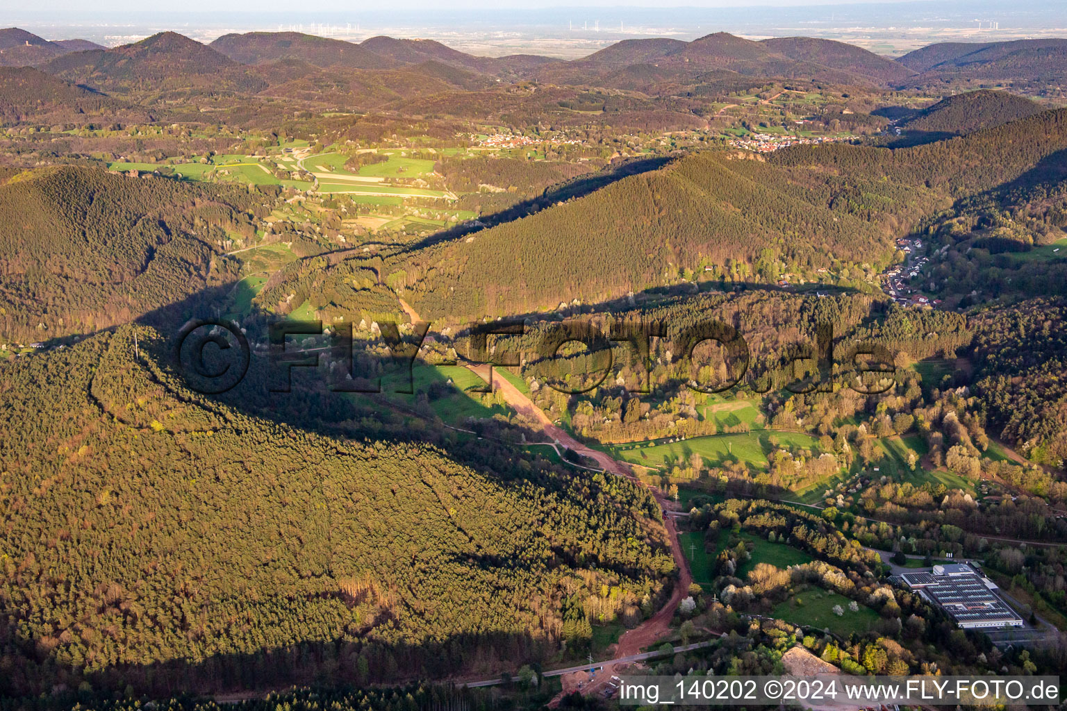 Chemin à travers la forêt du Palatinat pour reconstruire le tronçon de 51 km du gazoduc transeuropéen (TENP-III des Pays-Bas à la Suisse) entre Mittelbrunn et Klingenmünster à Schwanheim dans le département Rhénanie-Palatinat, Allemagne vue d'en haut