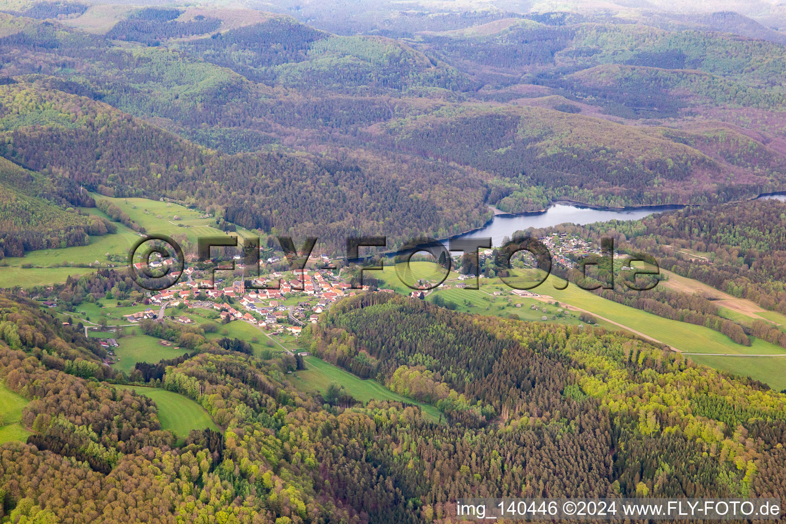 Vue aérienne de Étang de Haspelschiedt à Haspelschiedt dans le département Moselle, France