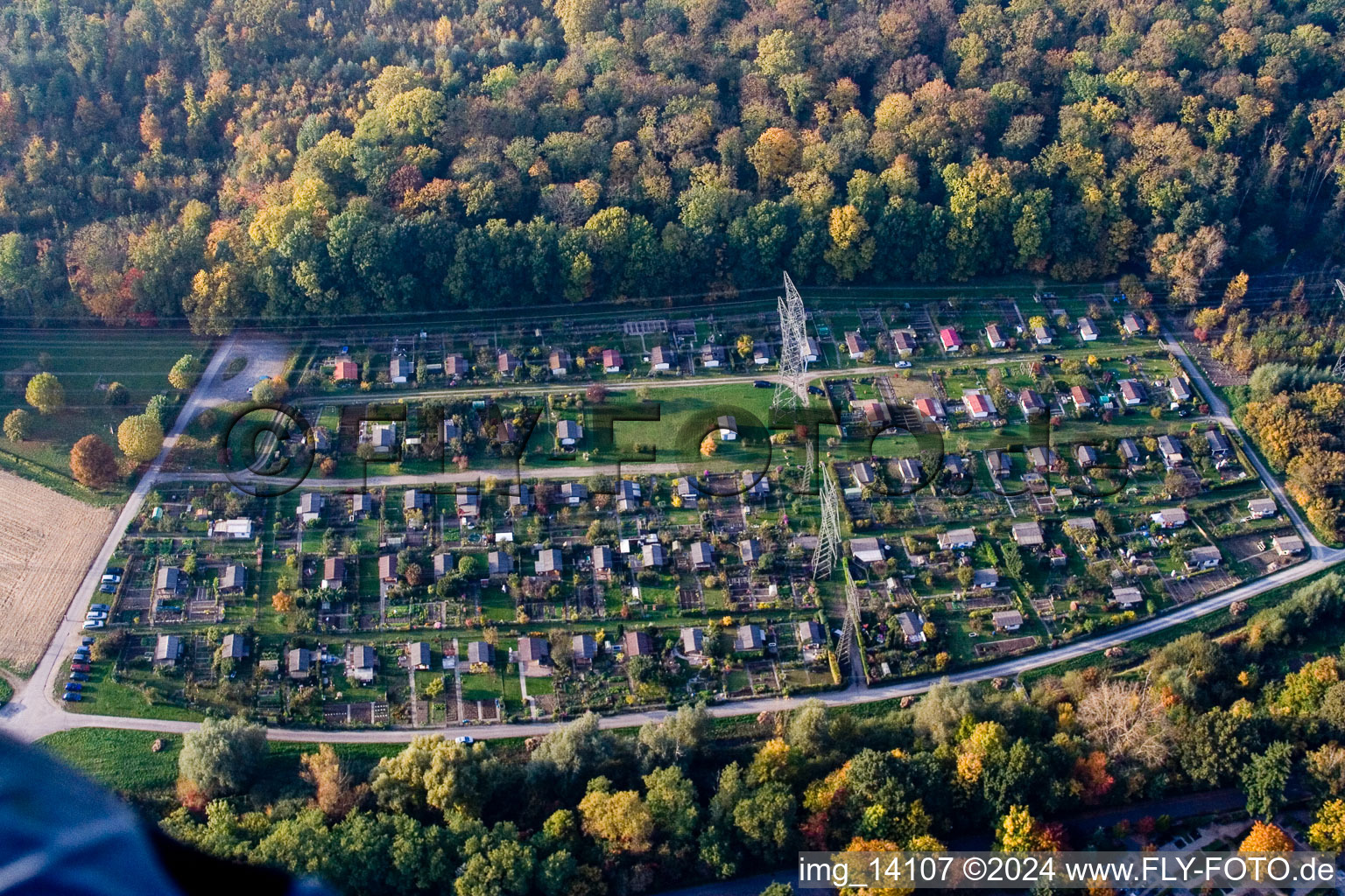 Vue aérienne de Parcelles d'un jardin familial à le quartier Forchheim in Rheinstetten dans le département Bade-Wurtemberg, Allemagne