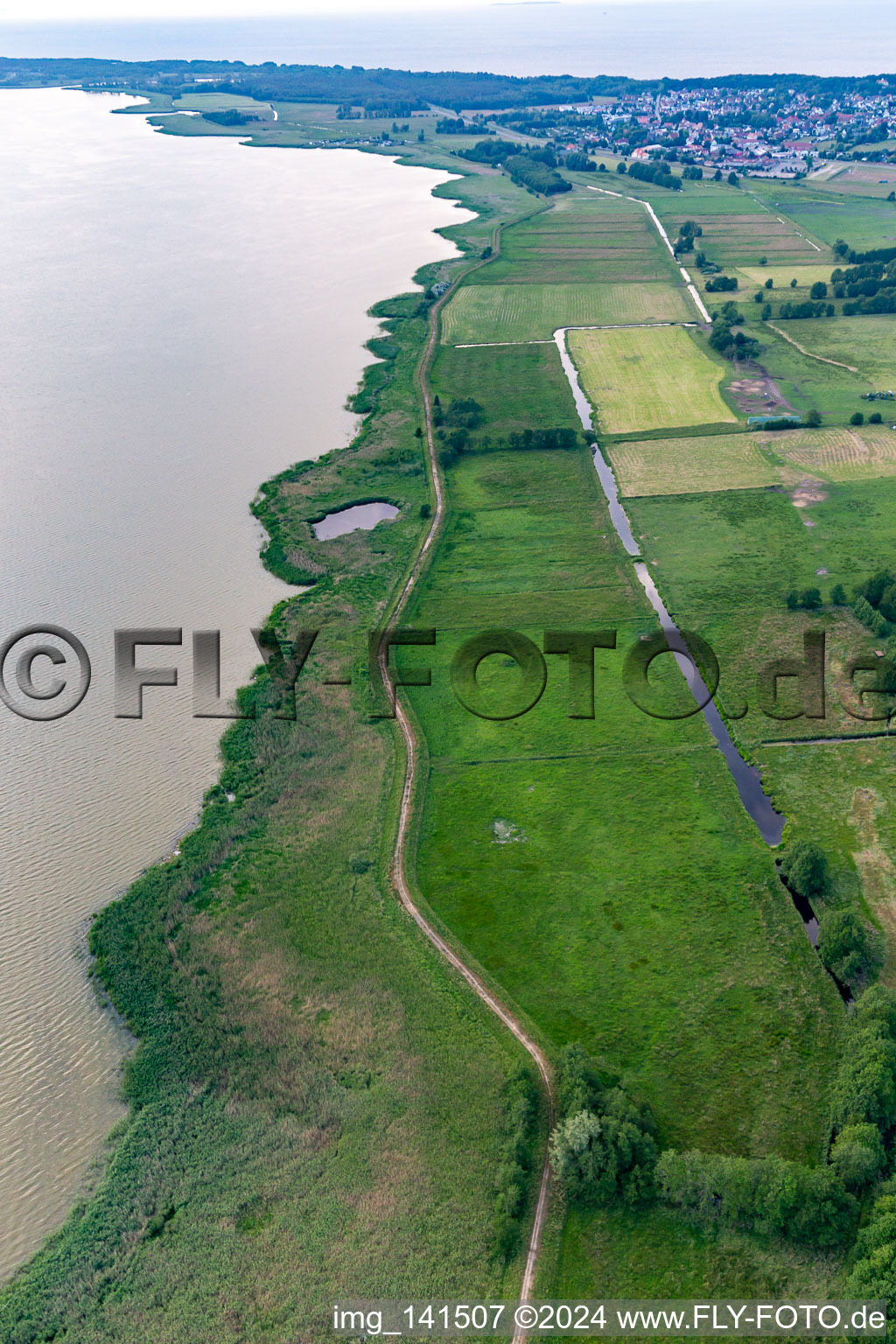 Vue aérienne de Digue et canaux de drainage au bord de l'Achterwasser à Loddin dans le département Mecklembourg-Poméranie occidentale, Allemagne