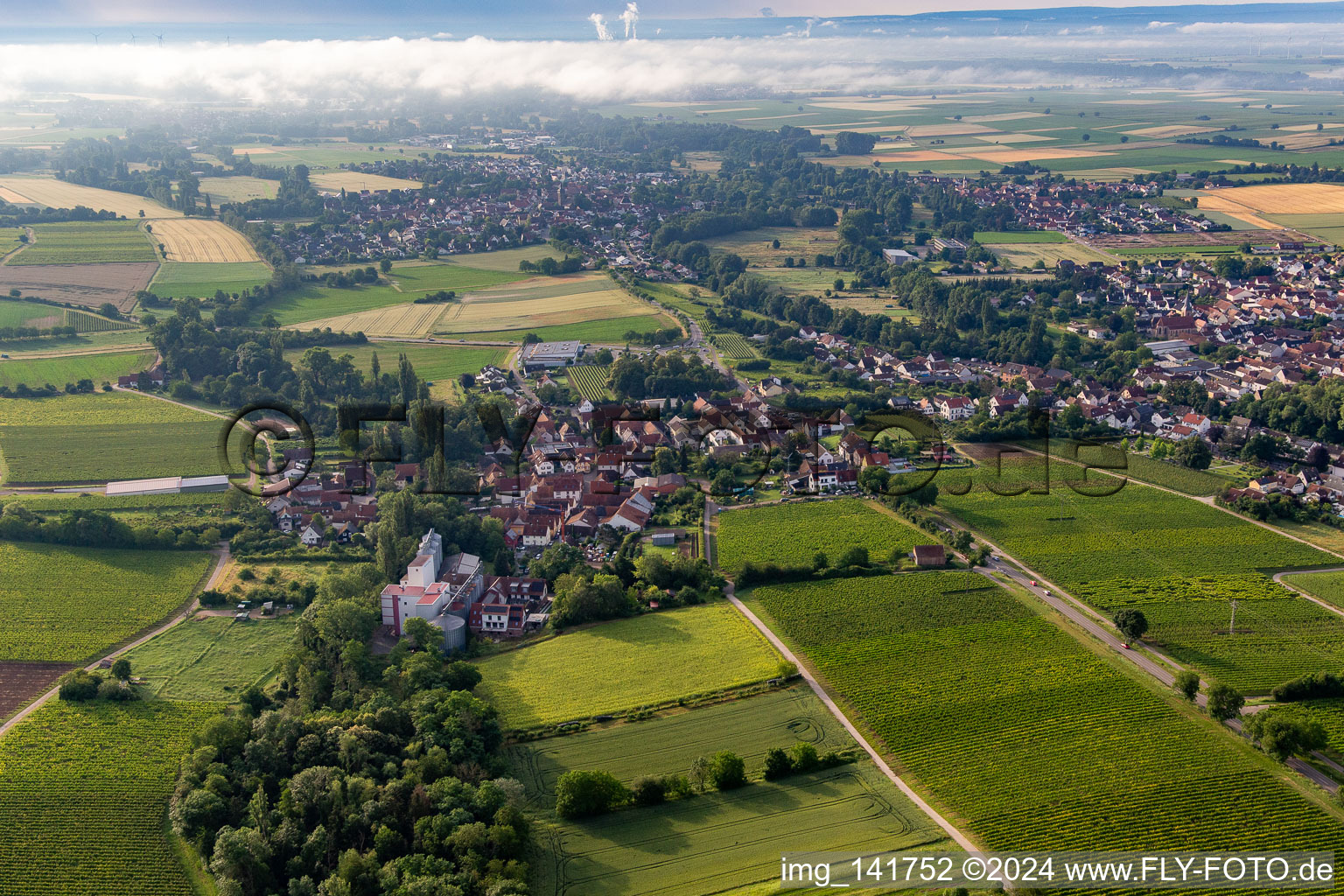 Vue aérienne de Bischoffmühle sur le Kaiserbach à le quartier Appenhofen in Billigheim-Ingenheim dans le département Rhénanie-Palatinat, Allemagne