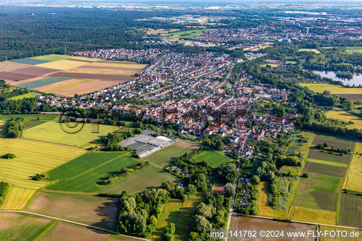 Vue aérienne de Du sud à le quartier Sondernheim in Germersheim dans le département Rhénanie-Palatinat, Allemagne