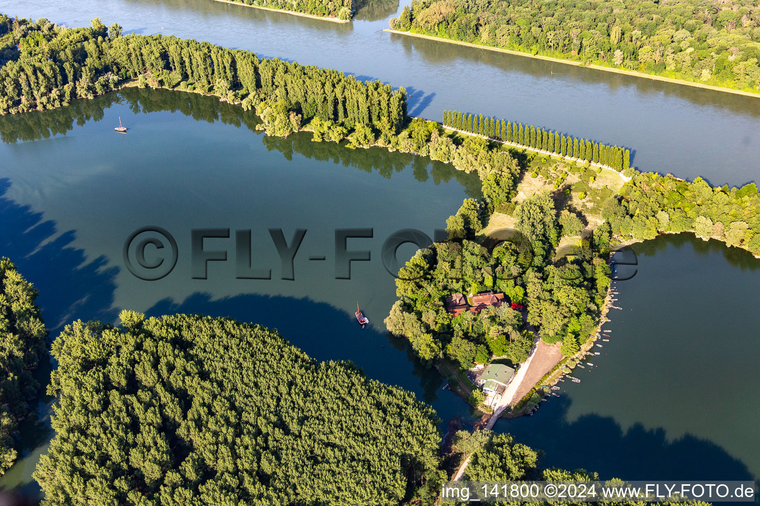 Vue aérienne de Avenue des peupliers et restaurant sur l'île de Rott am Rhein à Linkenheim-Hochstetten dans le département Bade-Wurtemberg, Allemagne