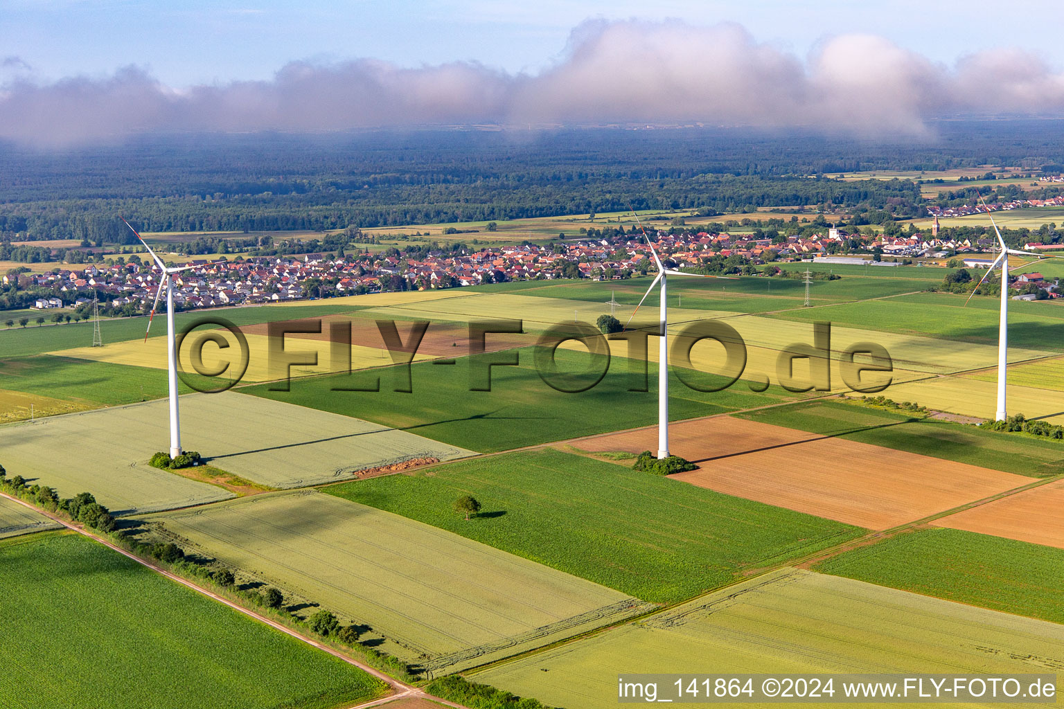 Vue aérienne de Parc éolien Minfeld dans les nuages bas à Minfeld dans le département Rhénanie-Palatinat, Allemagne