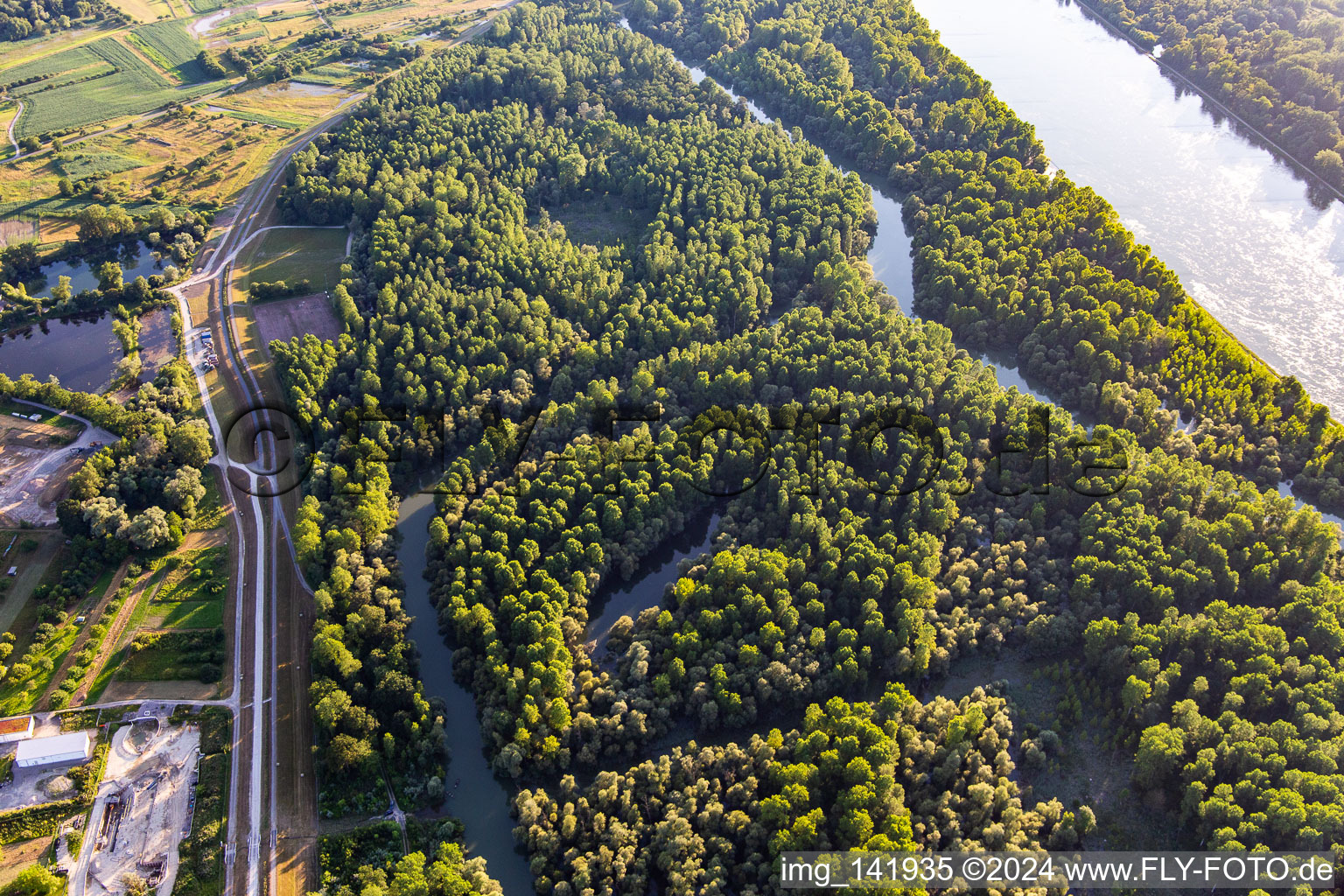 Vue aérienne de Du vieux Rhin au pont de chars à Au am Rhein dans le département Bade-Wurtemberg, Allemagne