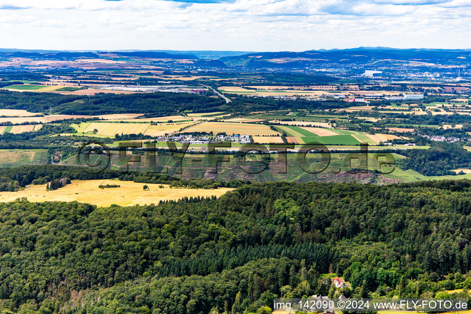 Vue aérienne de Aérodrome de Coblence/Winningen au-dessus des coteaux viticoles de la Moselle depuis le sud à Winningen dans le département Rhénanie-Palatinat, Allemagne