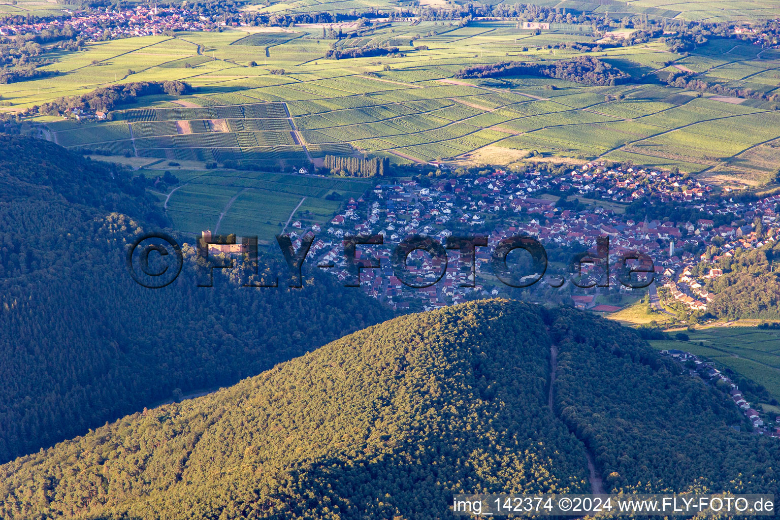 Vue aérienne de Le château de Landeck dans les dernières lumières du soir à Klingenmünster dans le département Rhénanie-Palatinat, Allemagne